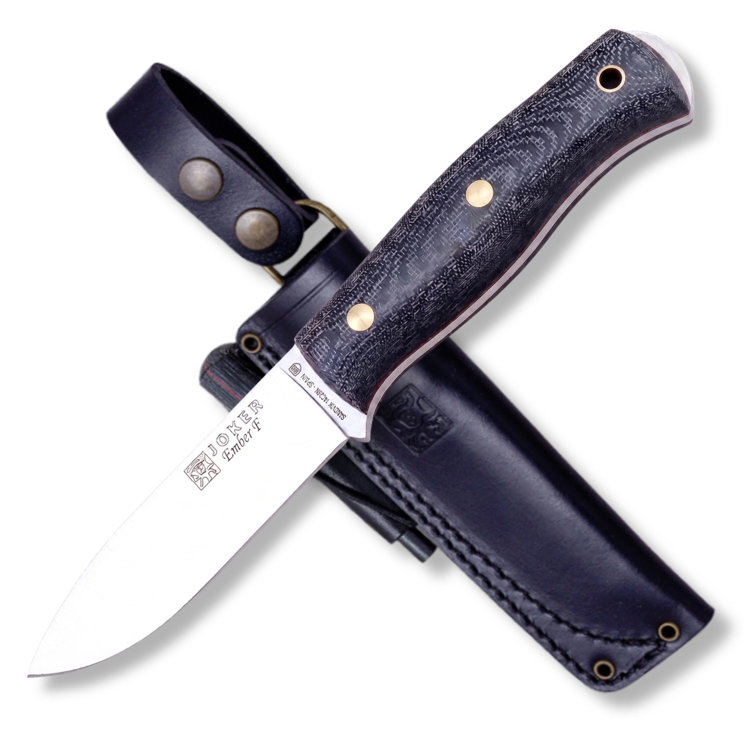 Joker Bushcraft Jokermesser Ember F CM123-P, schwarze Lederscheide, Gürtelmesser mit 10,5 cm Klinge, Micarta-griff, mit Feuerstahl und Parakord 550, Werkzeug zum Fischen, Jagen, Campen und Wandern