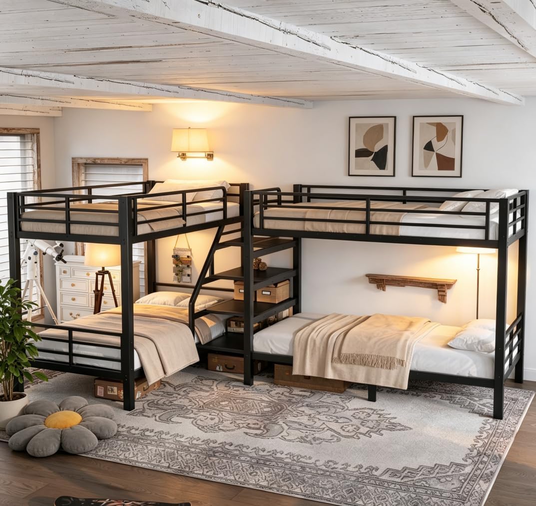 Bellemave Twin L-Shaped Quad Bunk Beds with Stairs, Heavy Duty Metal 4 Bunk Beds with Storage Shelves for Kids Adults, Black