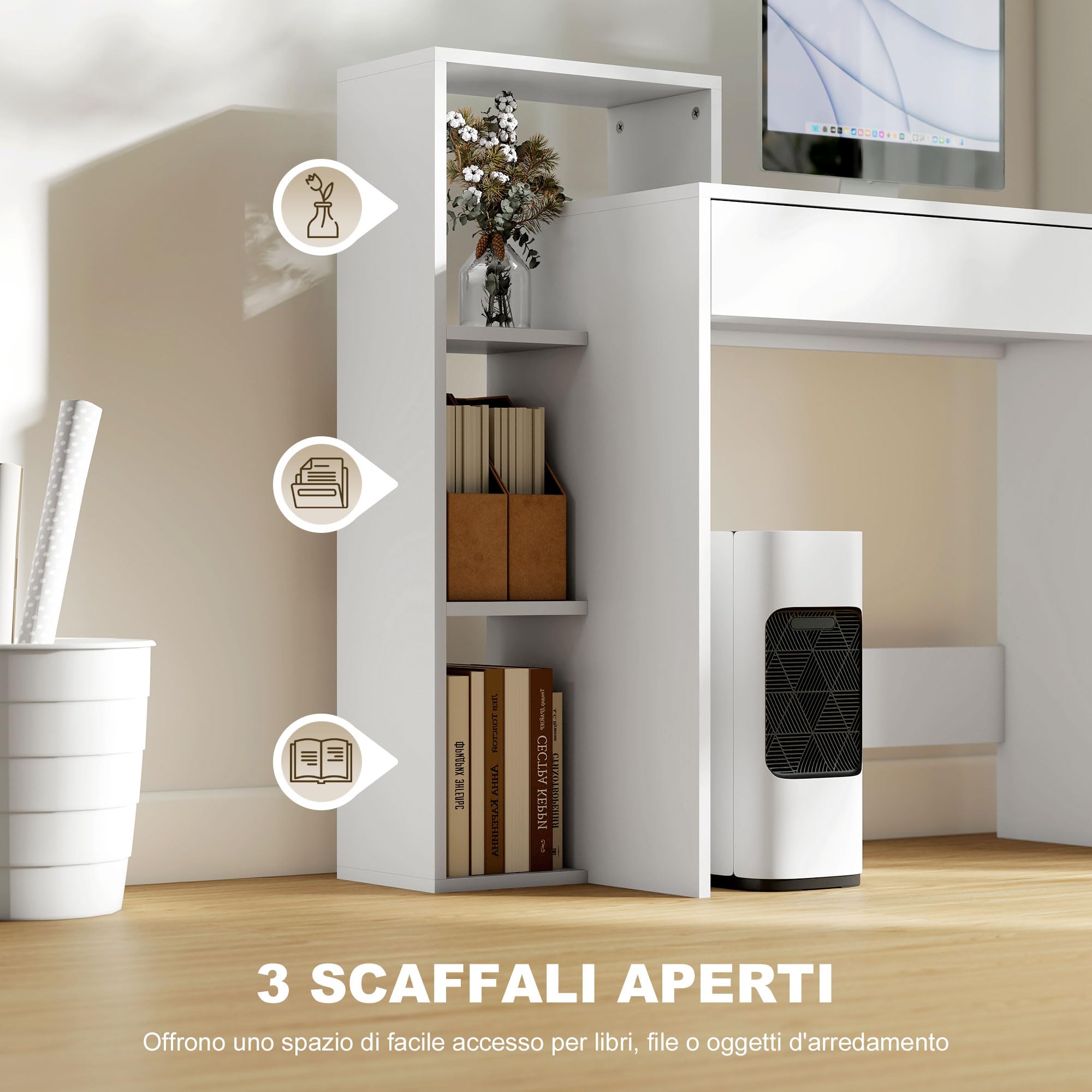 HOMCOM Scrivania Salvaspazio Moderna con 3 Ripiani Aperti e Cassetto Grande, Scrivania con Libreria in Legno, Tavolo Porta PC per Computer, per Ufficio, Studio e Camera da Letto, 100x40x90cm, Bianco