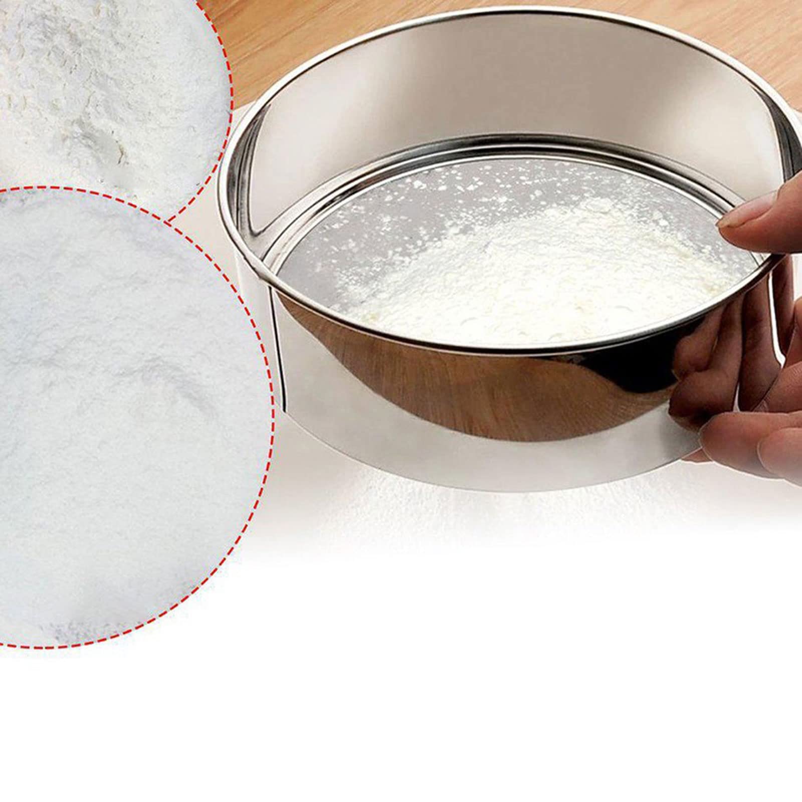 Tamiz de harina de acero inoxidable, colador de alimentos para hornear y cocinar