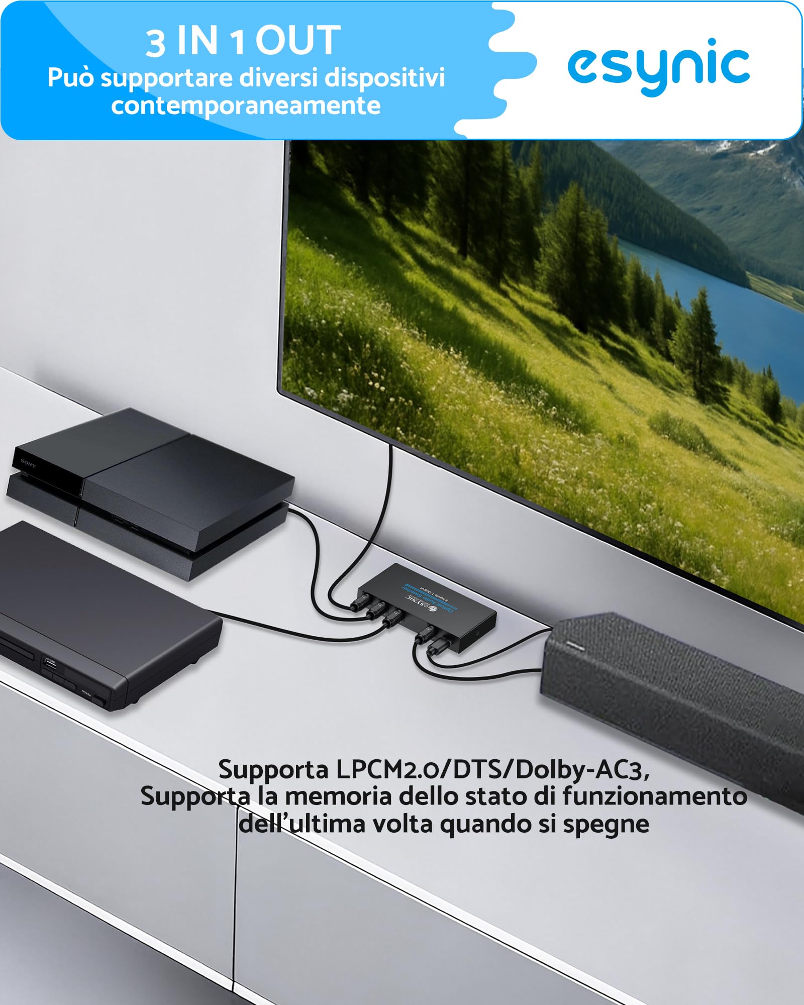 ESYNiC 3X1 Switch Toslink SPDIF con IR Telecomando e USB-C Cavo, Switcher Commutatore Audio Digitale Ottico 3 Ingressi 1 Uscita con Cavo Ottico, Supporta LPCM 2.0 DTS e Dolby AC3 Funziona Memoria