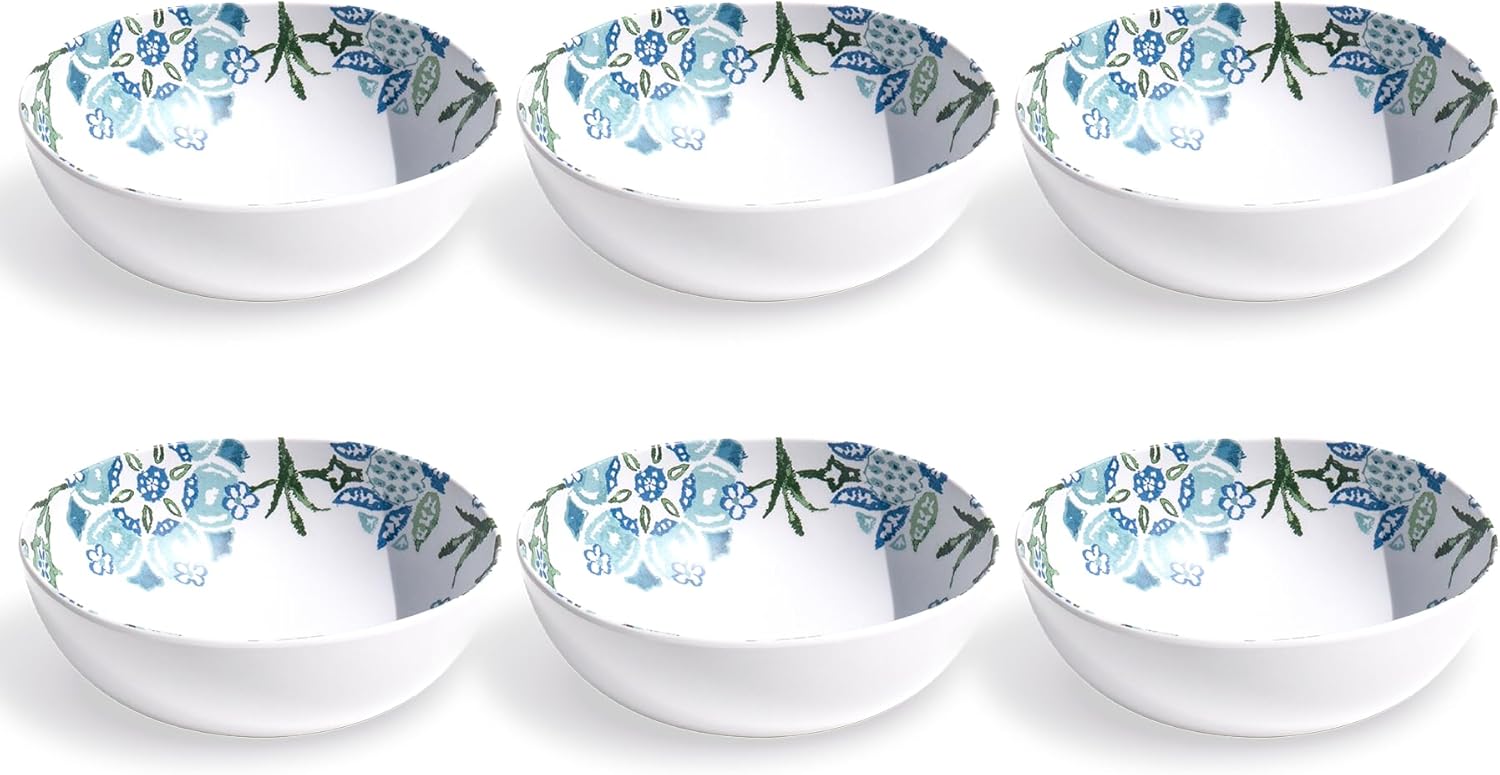 Hana Ikat 7'' Cereal Bowl Durable Melamine Indoor/Outdoor, Shatter-Resistant, and Dishwasher Safe Dinnerware for Cereal, Pasta, or Salad - Blue - Set of 6