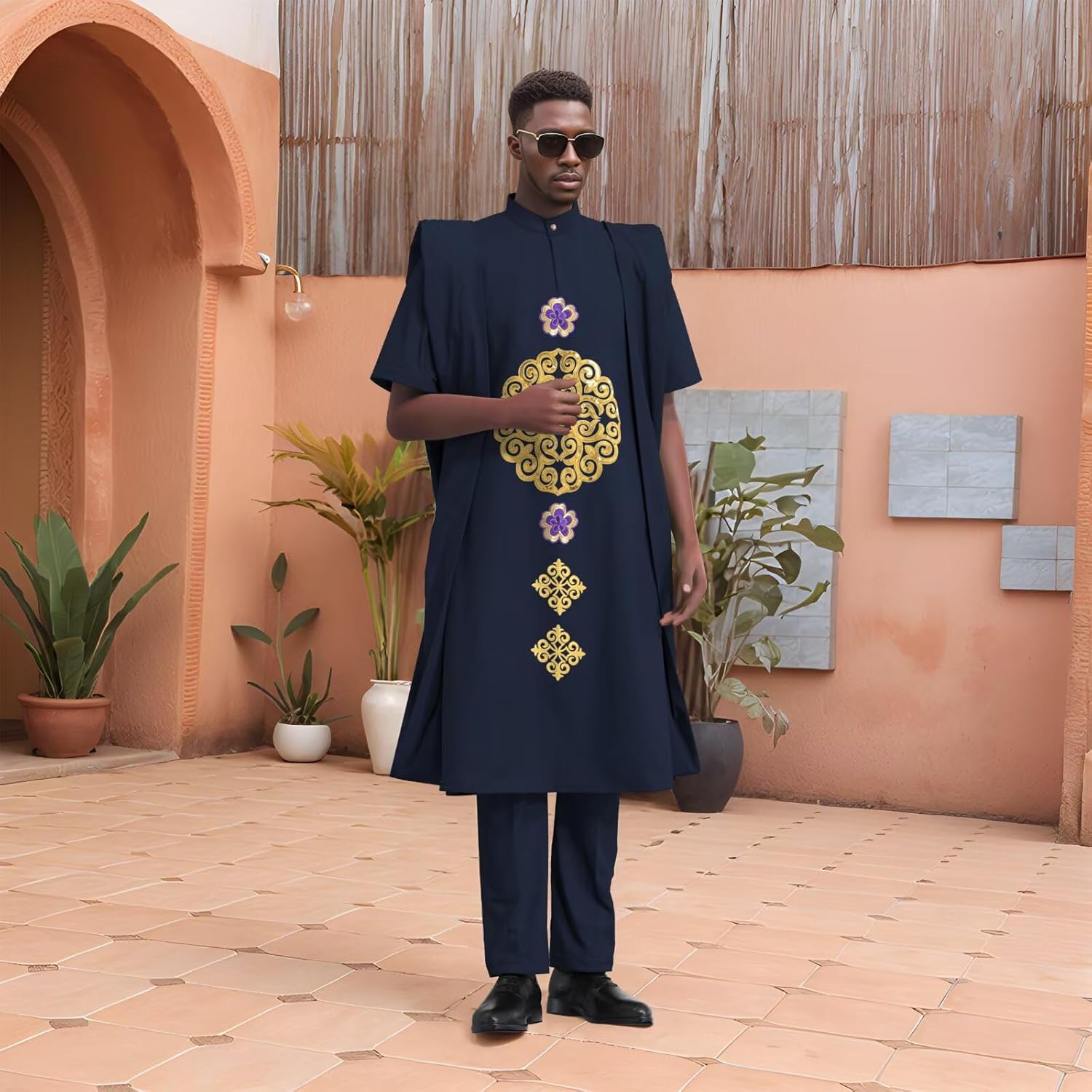 African Clothing for Men Dashiki Agbada Robe Suits Short Sleeve African Outfits Coats Shirts and Pants 3 Piece Set