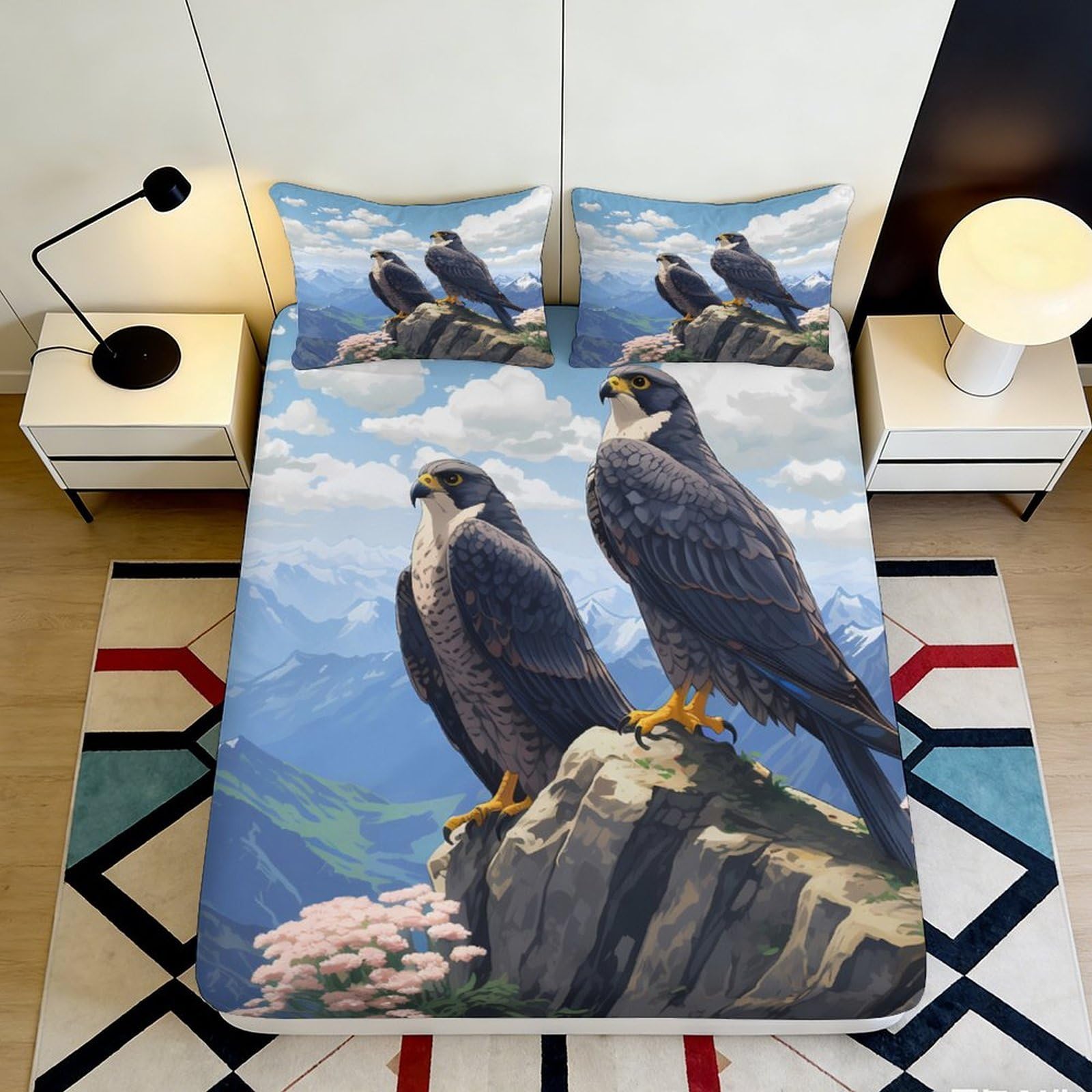 3D Printed Falcon Mountain View Fitted Sheet Microfiber Soft Anti-Slip Mattress Cover for Bedroom Guest Room Decor 90x200x25cm