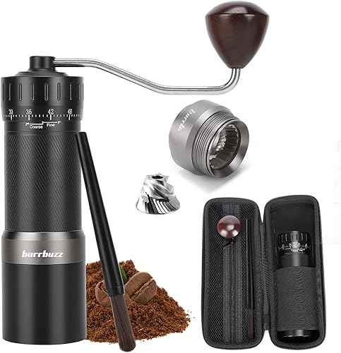 Molinillo de café manual MB2 con funda de transporte, ajuste externo, molinillo de rebabas de acero inoxidable de gran capacidad de 1.23 oz, taza de