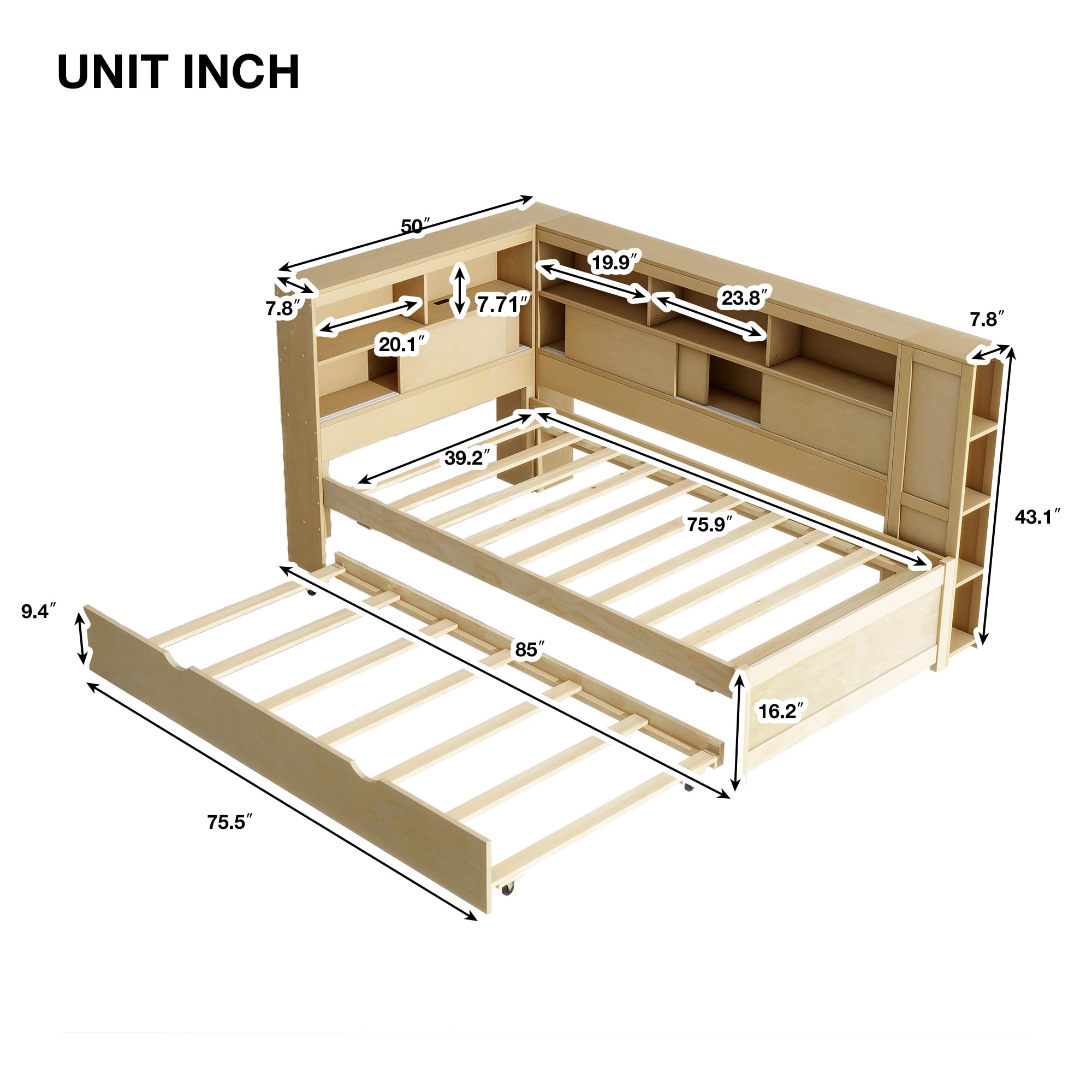 BEDGJH Twin Size Daybed with Trundle, Wood L-Shaped Daybed with Storage Shelves and USB for Bedroom Living Room (Natural)
