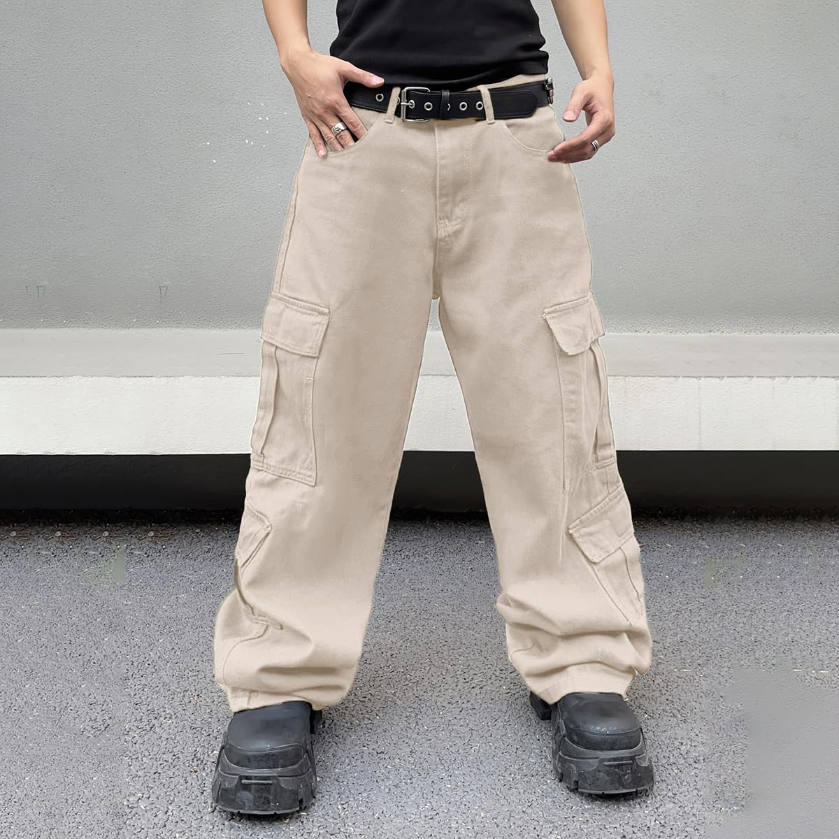 Baggy Denim Cargo Pants for Men with Pockets Mid Weight Wide Leg Hip Hop Skater Jeans Streetwear - Image 4