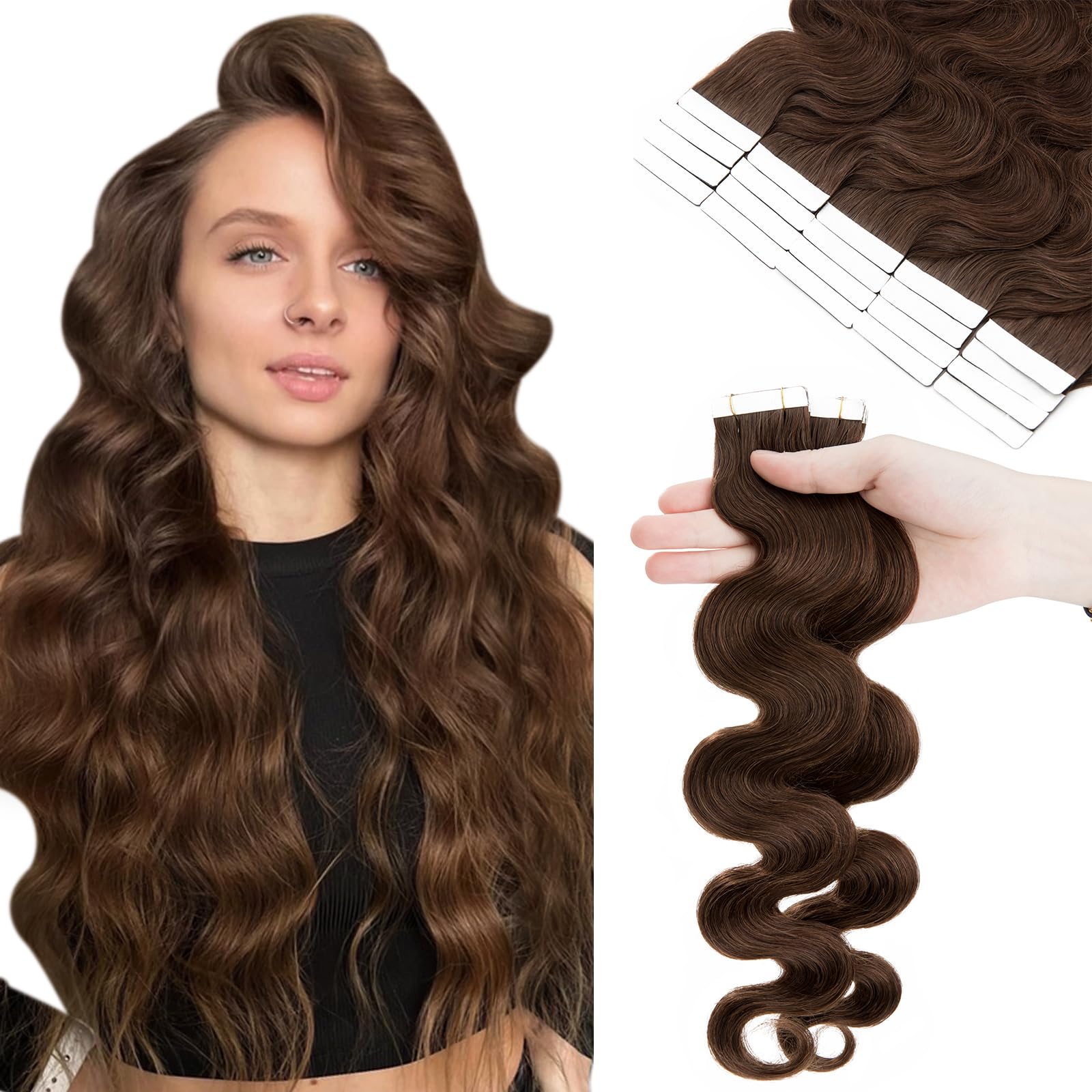 Hairro Tape in Human Hair Extensions 22 Inch Long Wavy #4 Medium Brown 50g Thin Seamless Skin Weft Glue in Body Wave Human Hairpieces 20pcs/pack for