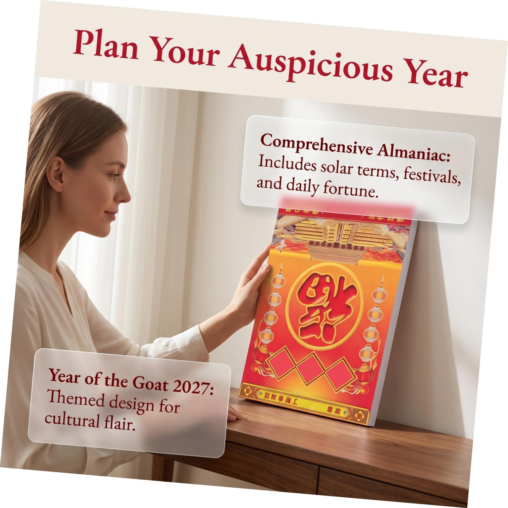 Artibetter Calendario da Muro Strappabile 2027 Anno della Pecora in Carta con Design Tradizionale e Calendario Lunare per Casa e Ufficio