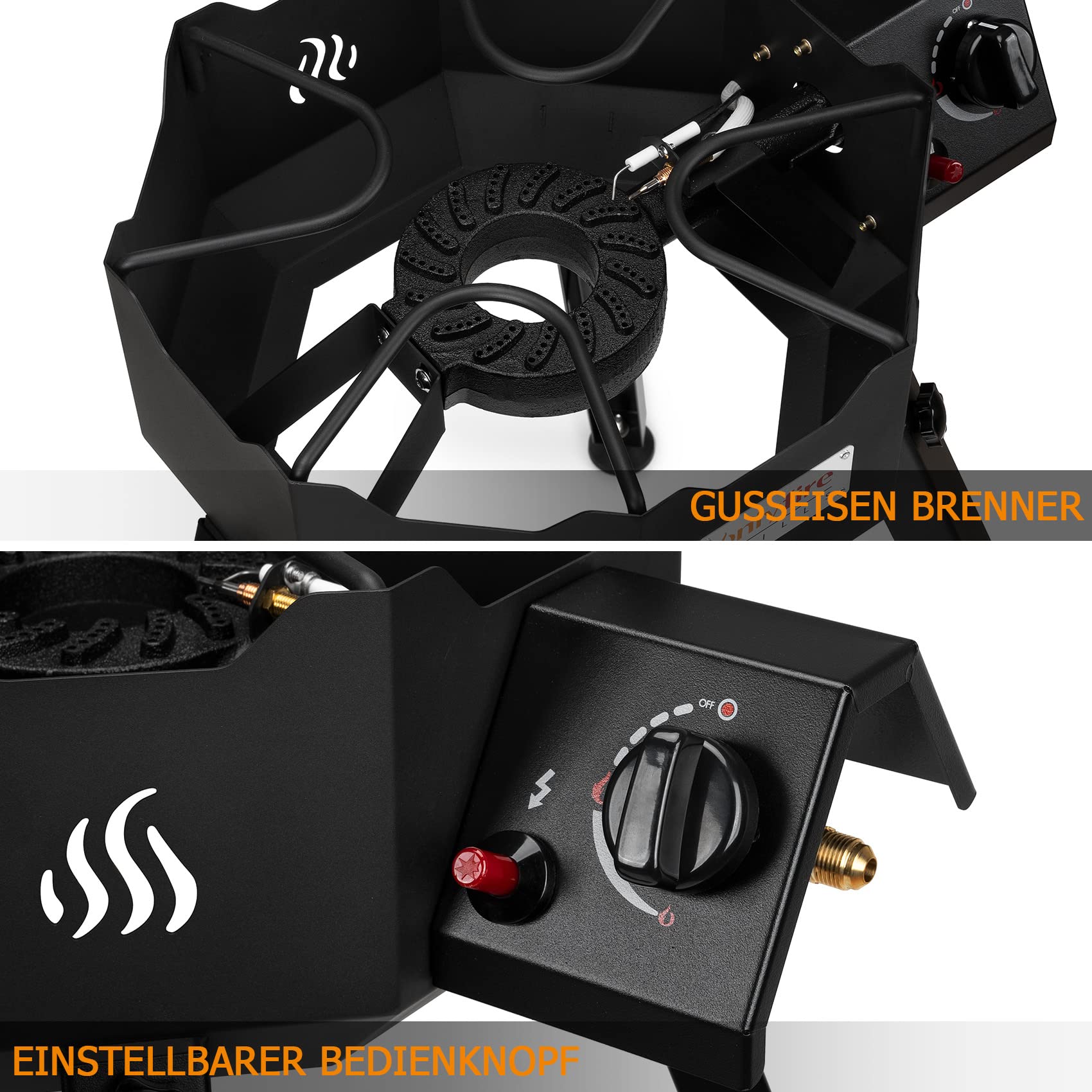 Onlyfire 5.2Kw Campingkocher | Gas-Hockerkocher | Wok Gasbrenner mit Verstellbare & Abnehmbare Füße, Outdoor Gasherd Camping Gaskocher Grill inkl. Gasschlauch und Gasdruckregler