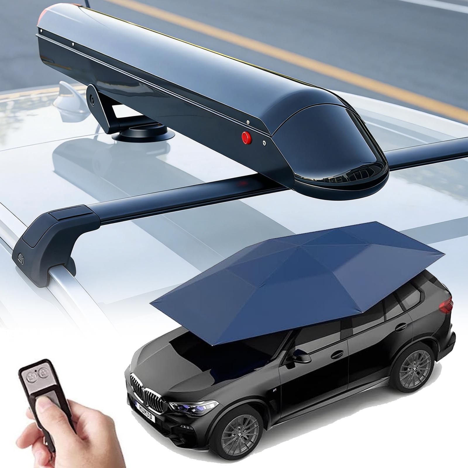 Copri Auto Automatico con Telecomando – Protezione UV da Sole E Pioggia, con Barre sul Tetto/Batteria da 5000 mAh/Vano Portaoggetti, Tenda Copriauto per Berline E SUV Blue
