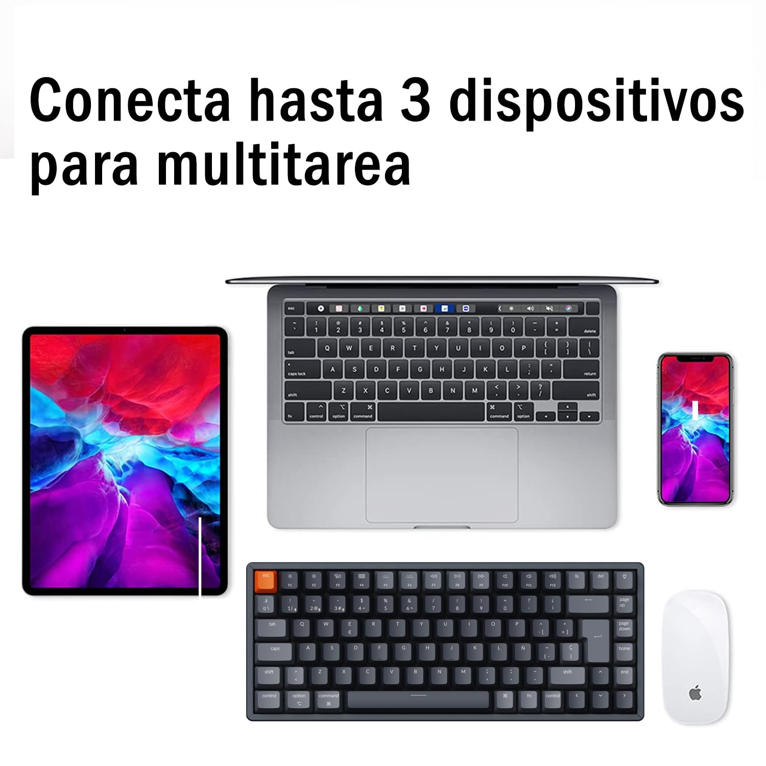 Keychron K2 75% diseño Teclado Mecánico Inalámbrico Bluetooth, Compacto Retroiluminación LED Blanca Teclado con Cable USB-C Recargable, Interruptores Rojos Gateron G Pro para Mac/Windows(ES Layout)
