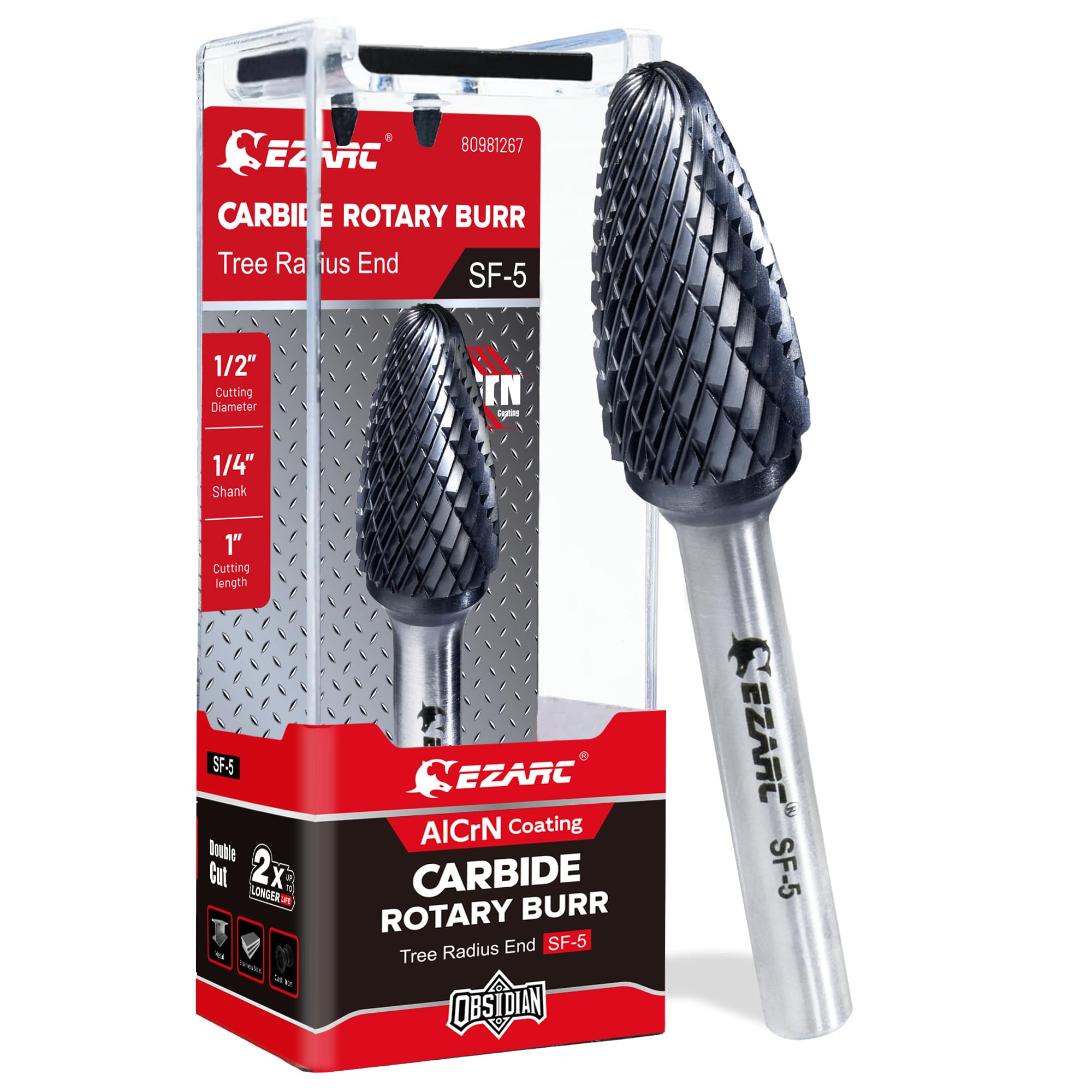 EZARC AlCrN Fraise rotative en carbure (Pro), Fraise à double tranchant en carbure SF-5 avec tige de 6,35 mm pour meuleuse pneumatique, Fraise de coupe pour travail des métaux durs, Lot de 1