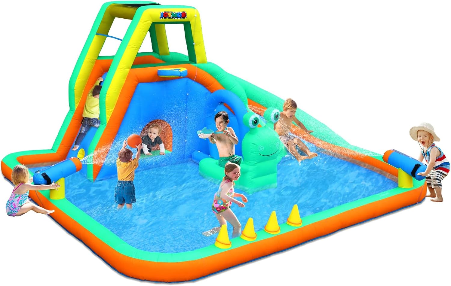 JOYMOR Frog Inflatable Water Slide Park for Kids, 8-in-1 Backyard Water Park with Frog Sprinkler, Climbing Wall, Basketball Hoop, Ring Toss, Tunnel & Water Cannon for Ages 3-8 Outdoor Backyard