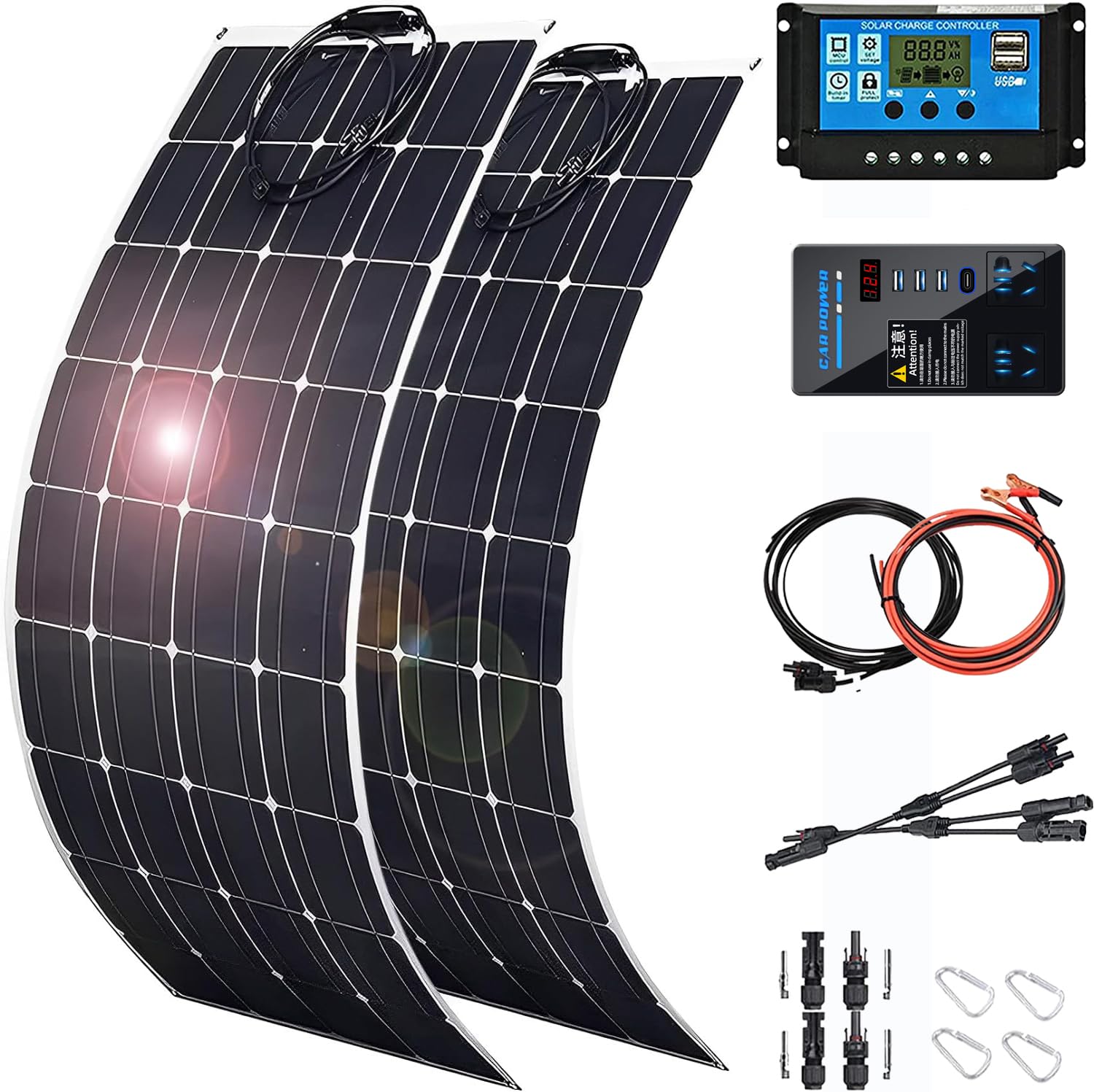 600 Watt Flexible Solar Panel for RV, 2 × 300 Watt 12 Volt Solar Power Panel Kit with 40A Solar Charge Controller & Inverter Monocrystalline Solar Panels for Camping Off Grid Battery Charging Boat
