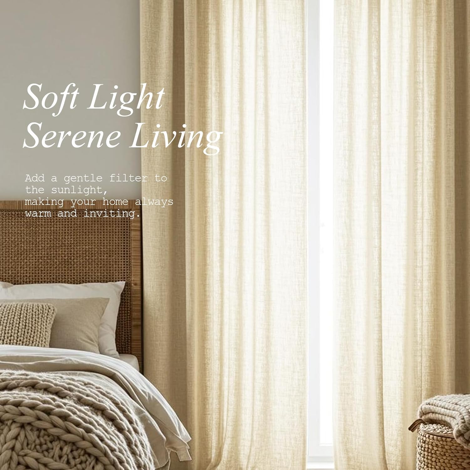 Pinch Pleated Linen Curtains 90 Inch Length for Living Room & Bedroom, Grey Beige Light Filtering Pleat Drapes, Memory Trained Semi-Sheer Window Curtain with Hooks for Farmhouse, 2 Panels 40"Wx90"L