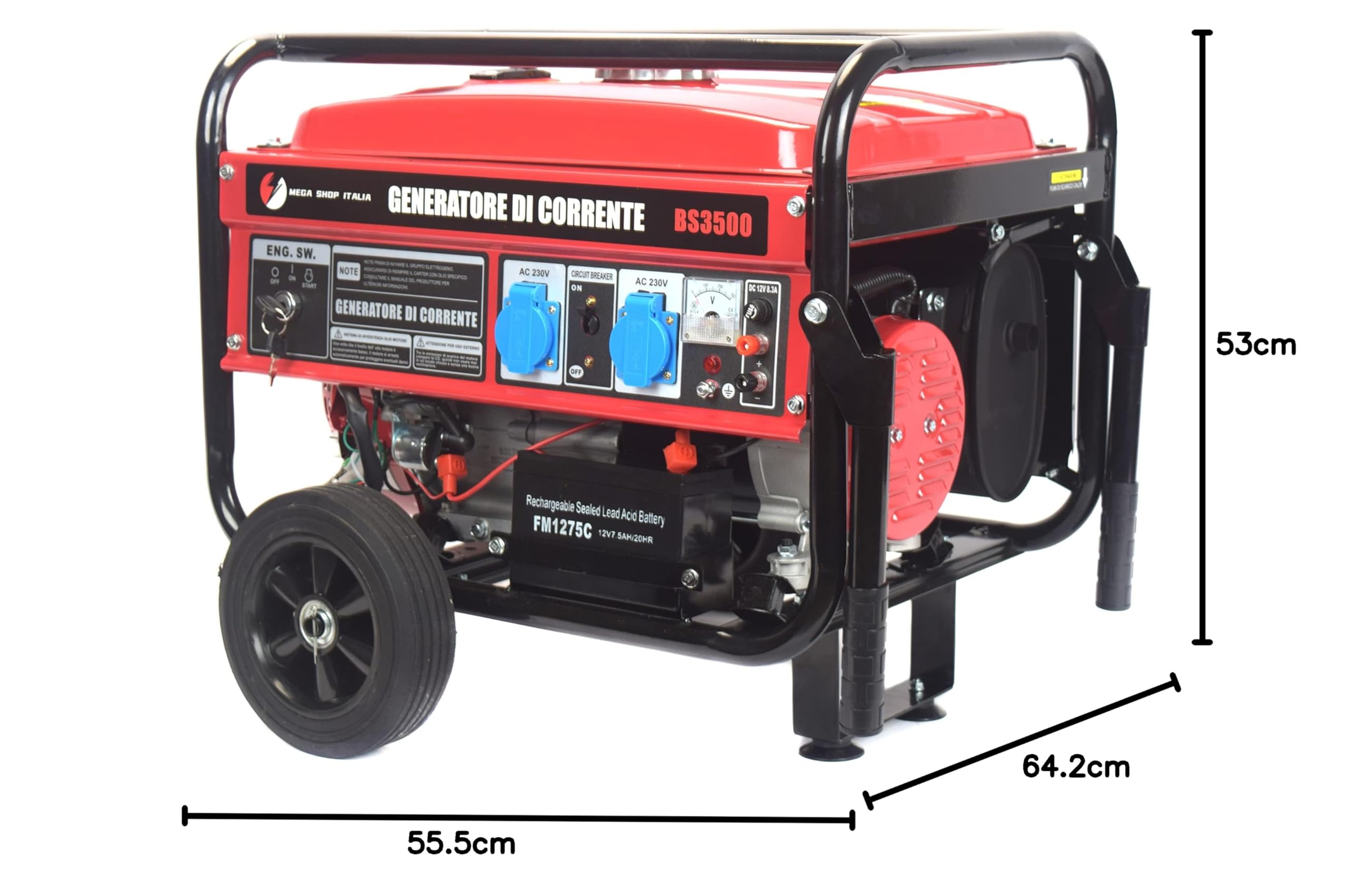 Generatore di Corrente 3000W Benzina 4 tempi con 2 prese 230V con Avviamento Automatico a Chiave e Batteria Portatile con Ruote