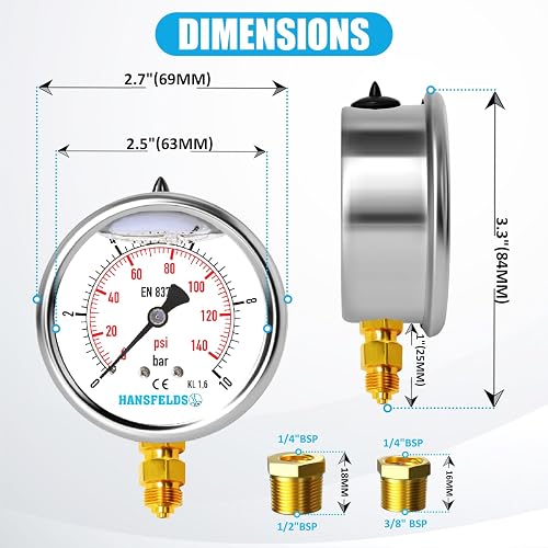Manometro 0–10 bar/psi, quadrante da 63 mm, attacco inferiore in ottone G1/4" BSP, a riempimento liquido (glicerina), classe di precisione 1.6, incl. 2 riduttori da 3/8" e 1/2". - 3