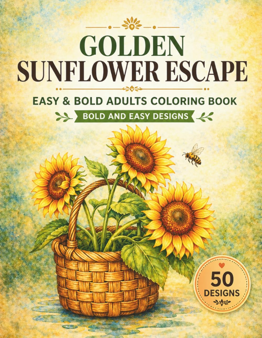 Golden Sunflower Escape , Easy & Bold Adults Coloring Book