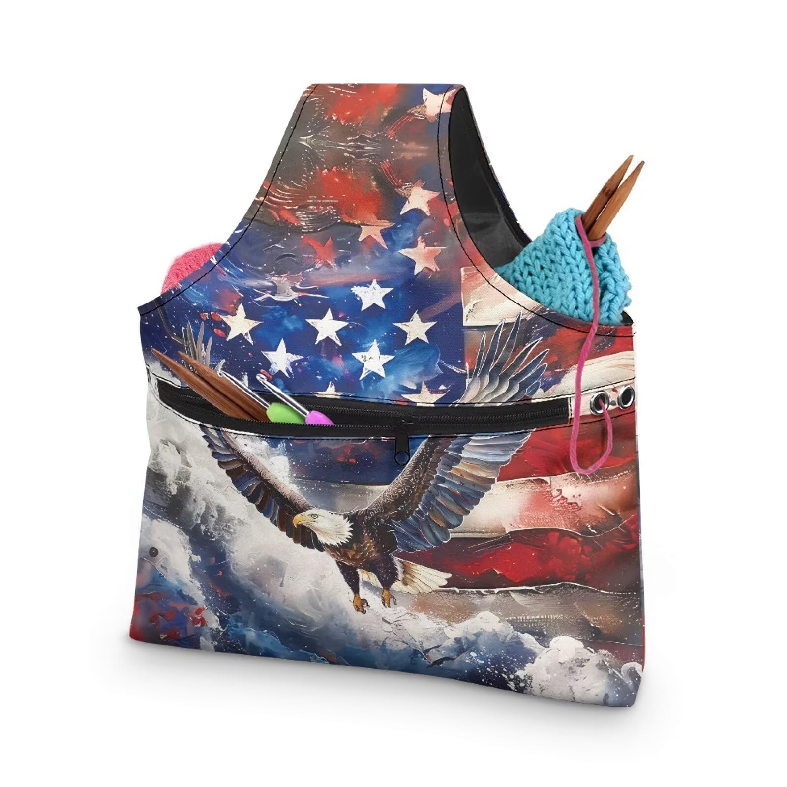 ZUXONGSY American Flag Knitting Tote Bag for July 4th 2026 America250 Yarn Storage Bag for Crocheting Small Crochet Organizers and Storage Patriotic Eagle