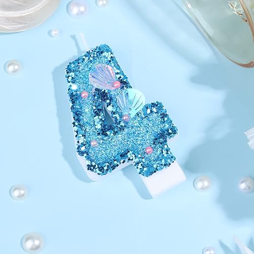 Miniatura 3 de Vela de número de cumpleaños de 3 pulgadas, velas de números de lentejuelas de concha azul con purpurina para decoración de pastel para cumpleaños,