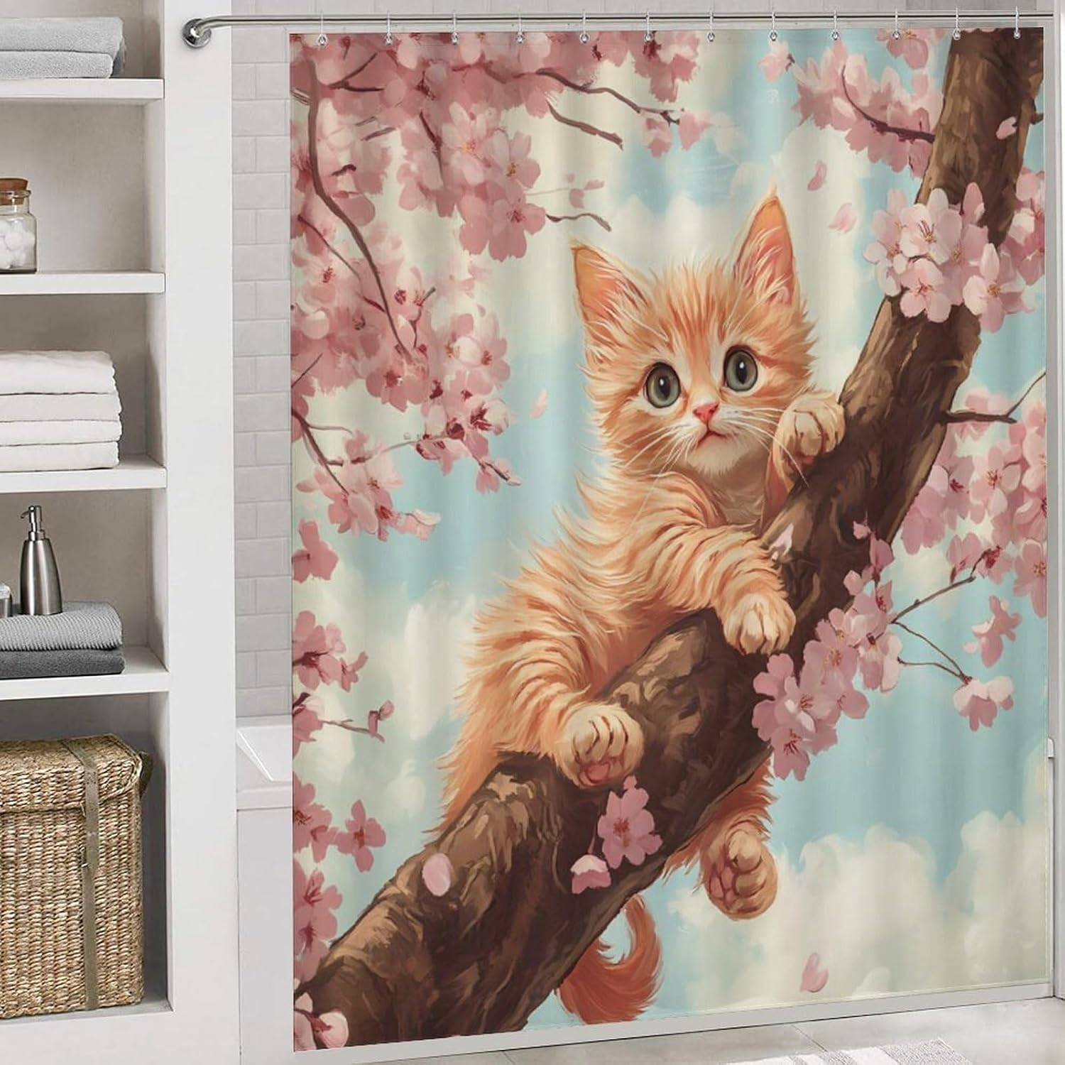 Meow Cat Cherries Tree Bathroom Sets with Shower Curtain and Rugs 4 Piece with U-Shaped Floor Mat Toilet Lid Cover