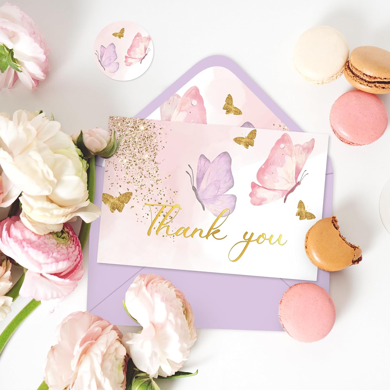Whaline 24 Pack Butterfly Thank You Cards Purple Pink Blank Note Cards with Envelope Sticker Foil Gold Greeting Card for Wedding Birthday Bridal Shower - Image 4