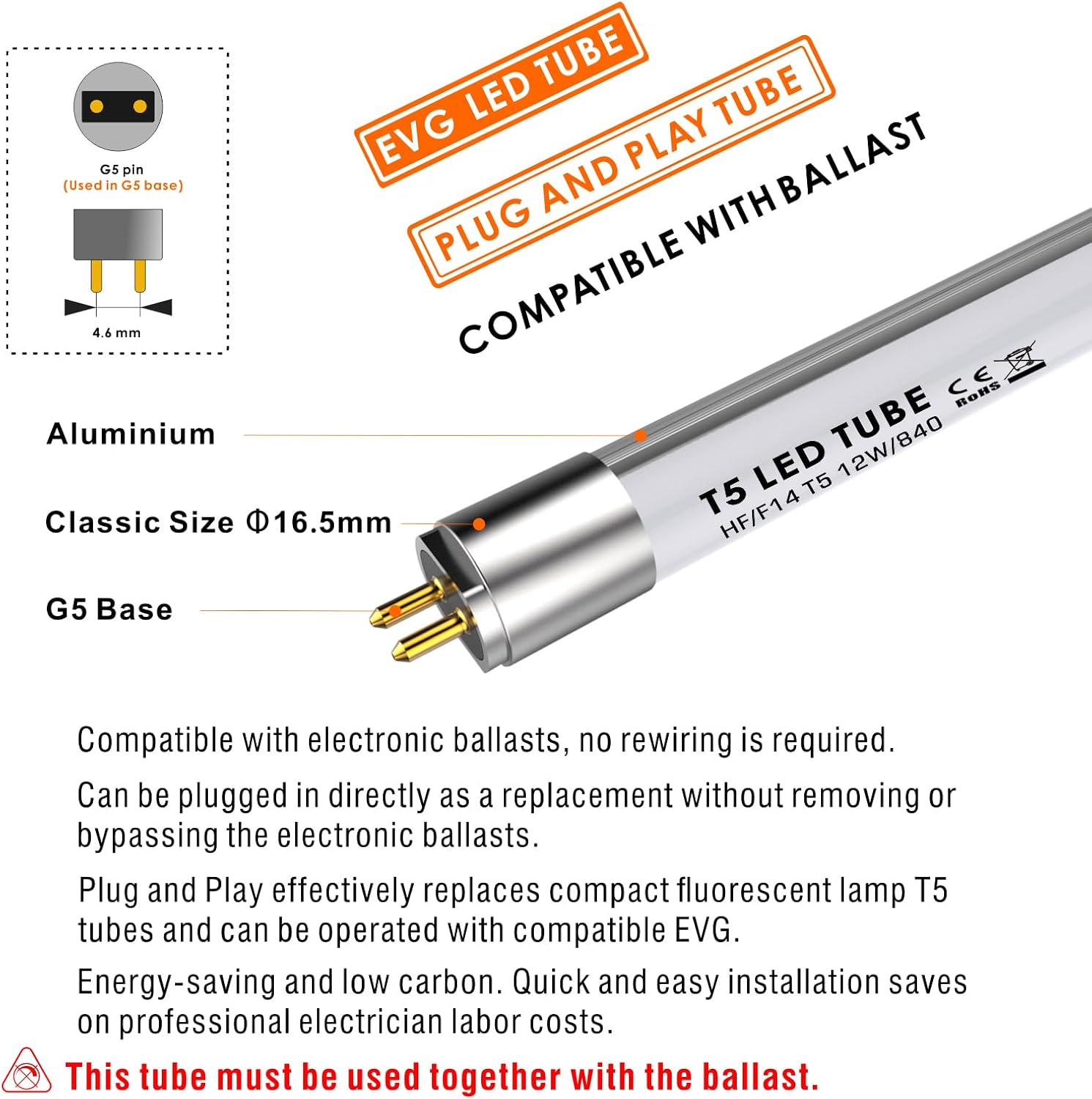 IHYCTV F14T5CW LED Bulb T5, 22 Inch, 12W, 1550lm, 4000K, 840, Cool White, LED Tube for EVG, 140 Degree, G5 Socket, Replacement for 24W Linear Fluorescent Tube, Glare-Free, 1 Pack