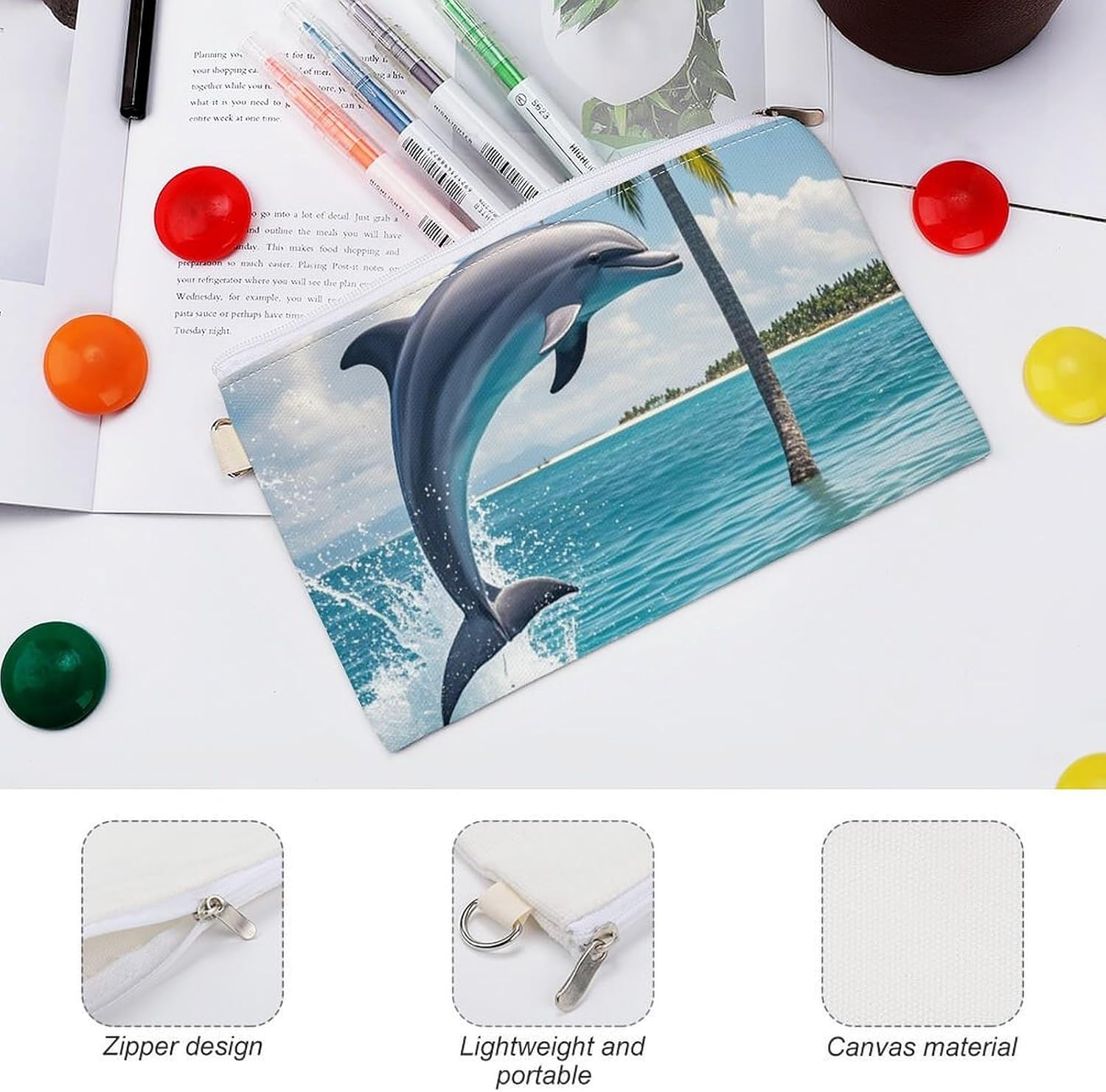 Dolphins And Palm Trees Coin Purse Coin Pouch with Zipper for Men Women Portable Change Wallet Canvas Coin Bag