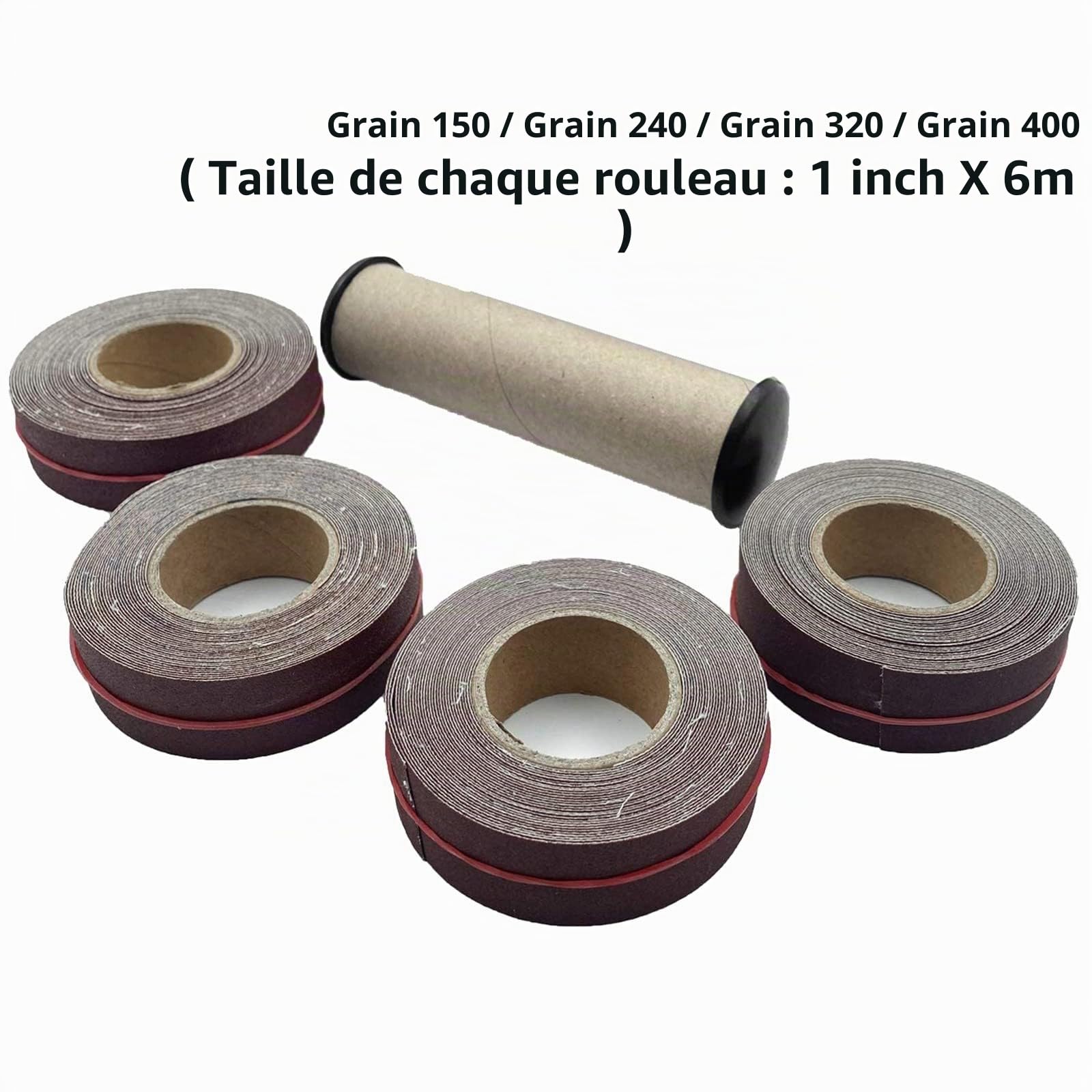 Lot de 4 rouleaux de papier abrasif avec distributeur de papier émeri rétractable pour métal, verre, menuiserie -4 rouleaux de 6 m