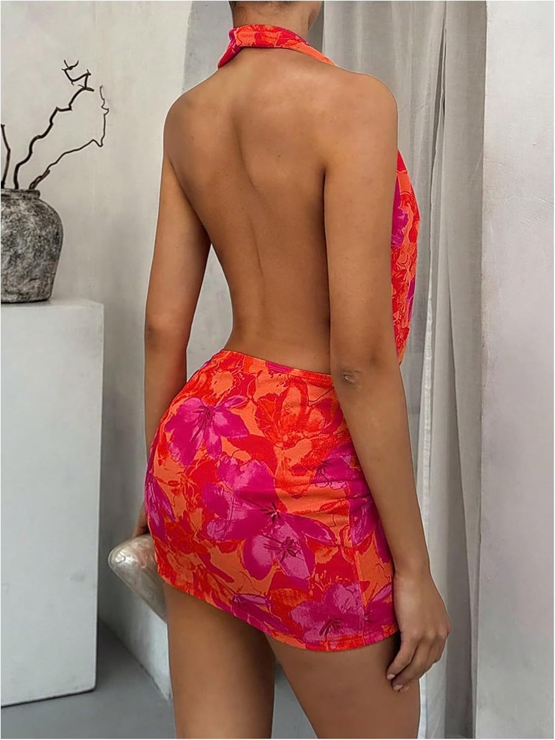 OYOANGLE Women's Floral Print Sexy Deep V Neck Halter Bodycon Mini Dress Sleeveless Party Club Dresses - Image 3