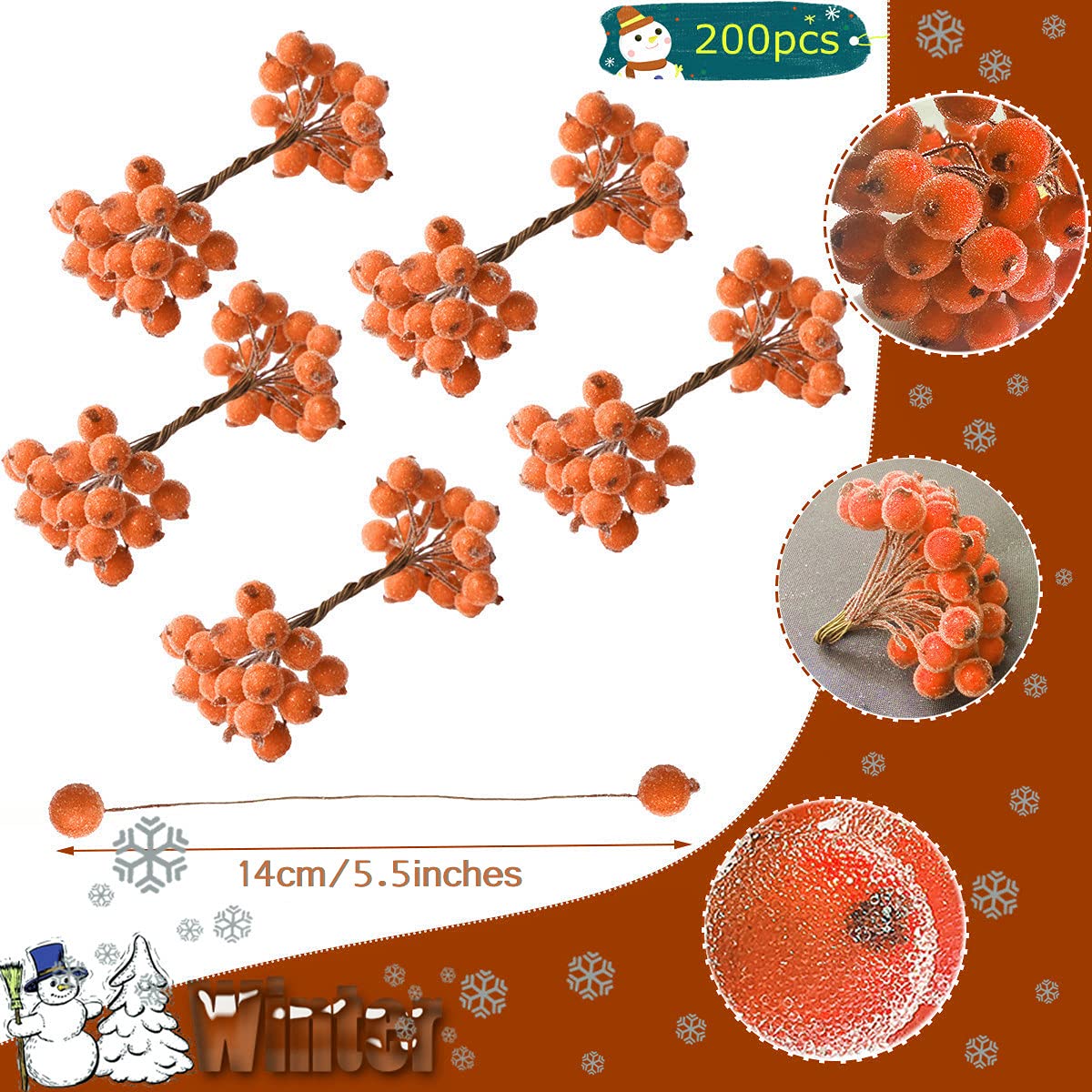 KKSTY 200 Pcs/100 Wired Berries Stems Artificial Frosted Berries Christmas Holly Berries Mini Fruits for Xmas Tree Decoration Wreath Garland Making Supplies… (Orange) - Image 2