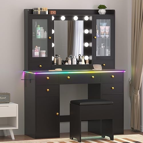 Miniatura 17 de Tocador de maquillaje negro con espejo y luces, mesa de tocador moderna con estación de carga, 7 cajones, gabinete de vidrio, estanterías y taburete