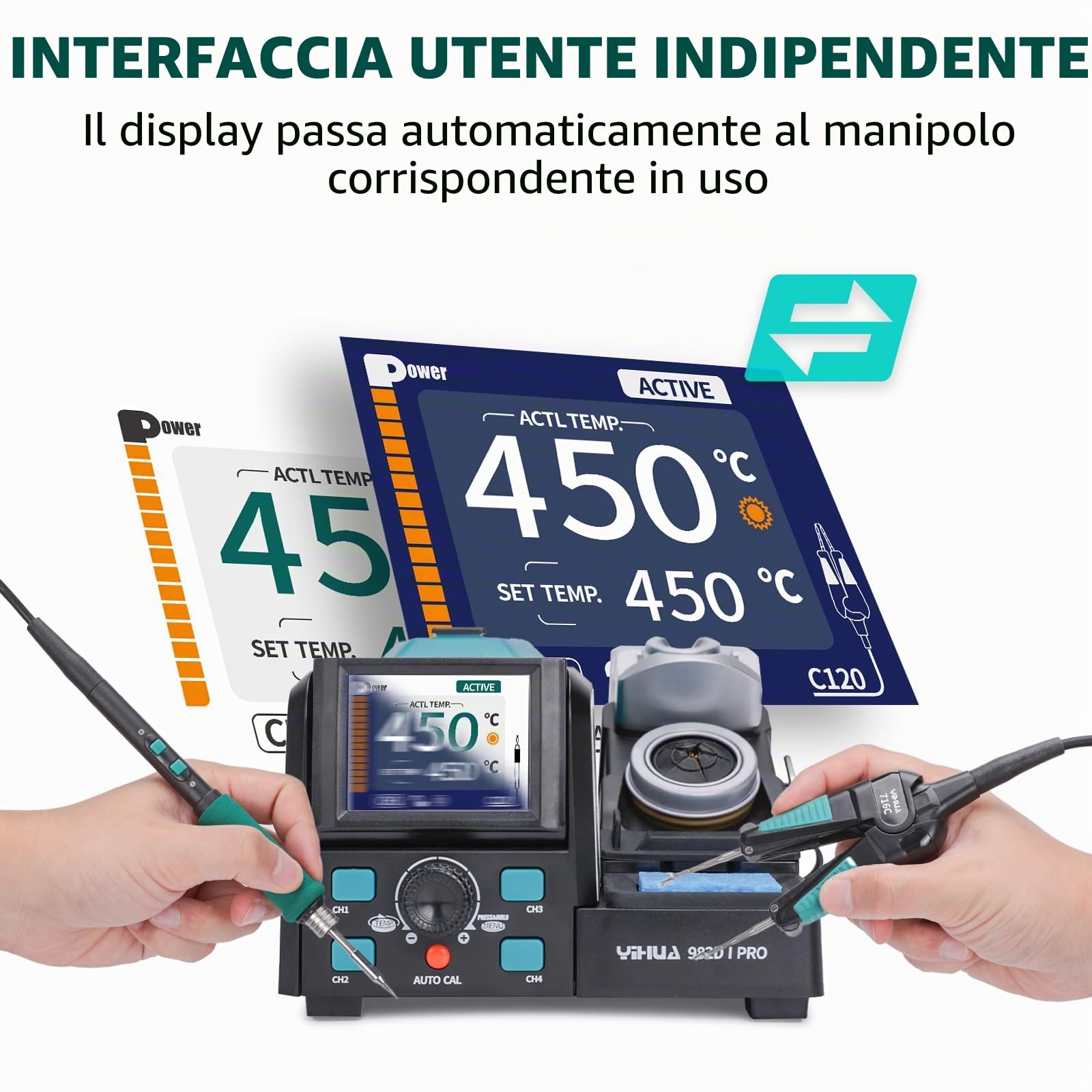 YIHUA 982D-I PRO Stazione di Saldatura 2-in-1 con Microsaldatore di Precisione, Pinzette Calde, 10 Cartucce a Punta, Interfacce Operative Individuali, Doppio Supporto, 4 Canali Preimpostati (EU Plug)