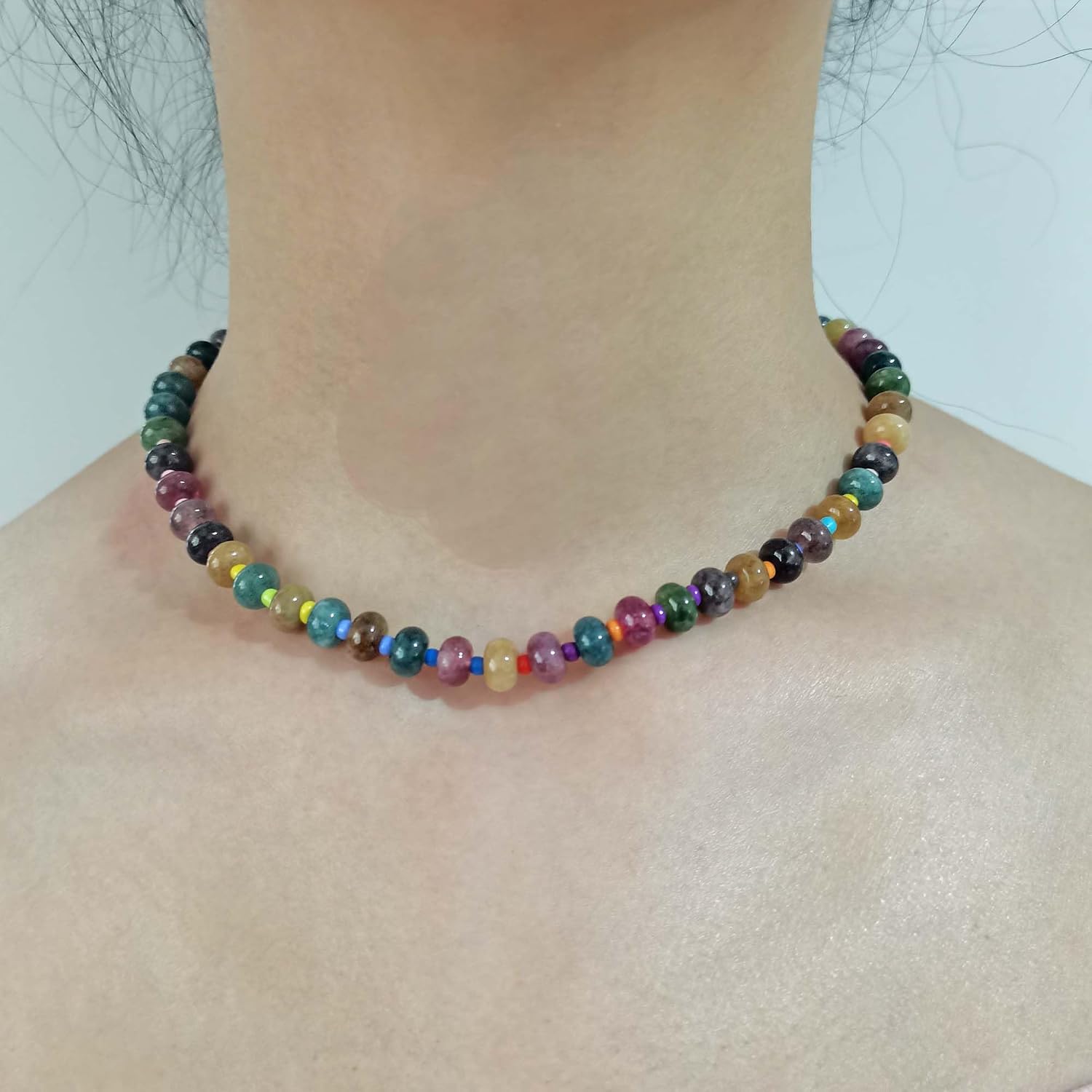 CJIAYUJEW Beaded Gemstone Necklace for Women, Boho Colorful ， 14K Gold Circular Buckle Rainbow Beaded Beach Surfer Necklaces Summer Handmade Jewelry Gifts