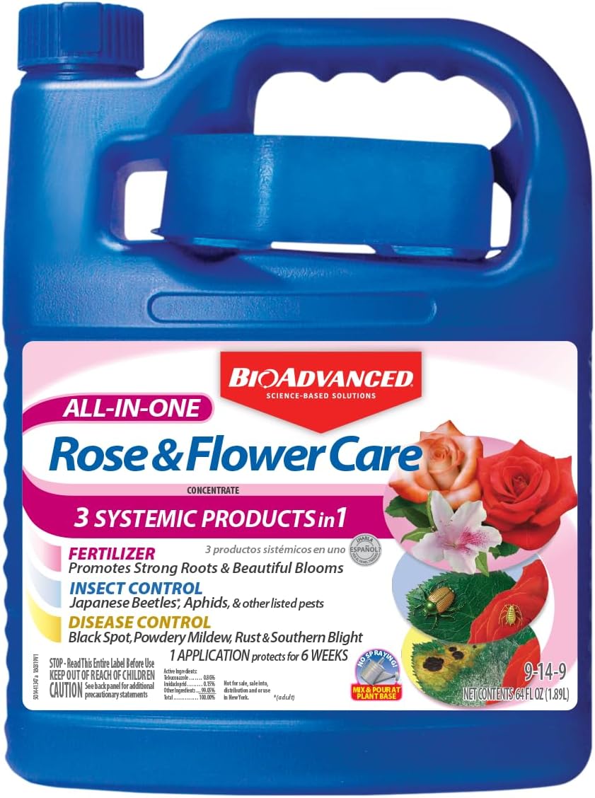 BioAdvanced All-In-One Rose and Flower Care Concentrate - Plant Food - Prevents Pests and Diseases - Up to 6 Weeks Protection - 64 oz Bottle