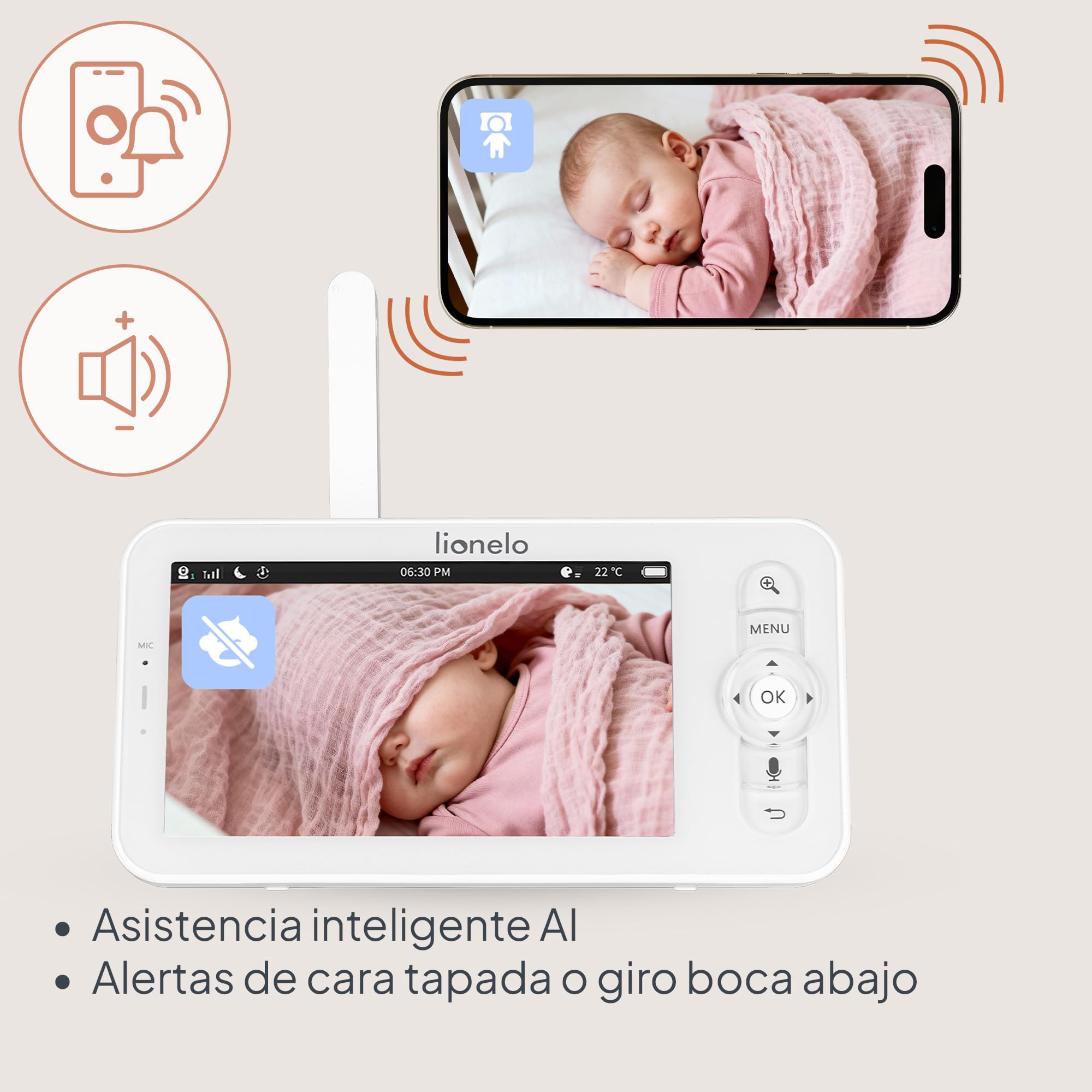 Lionelo Babyline 9.2 AI - Vigilabebés con cámara 2K y Monitor de 5 Pulgadas, WiFi de Doble Banda, detección de IA de vinos y Sombrero, Seguimiento de Movimiento, Sensor de Temperatura y Humedad