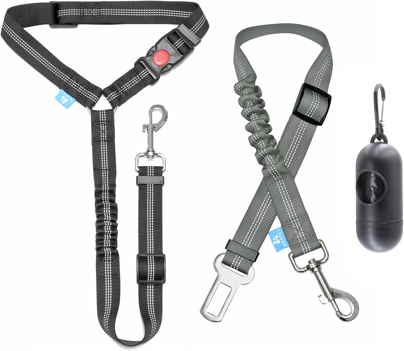 BAAPETDog Seatbelt Leash for Cars, 2-Packs Pet Safety Seat Belt Harness with Shock Absorbing Bungee and Reflective Threads for Car Dogs Restraint (Black+Grey, Standard+Headrest)