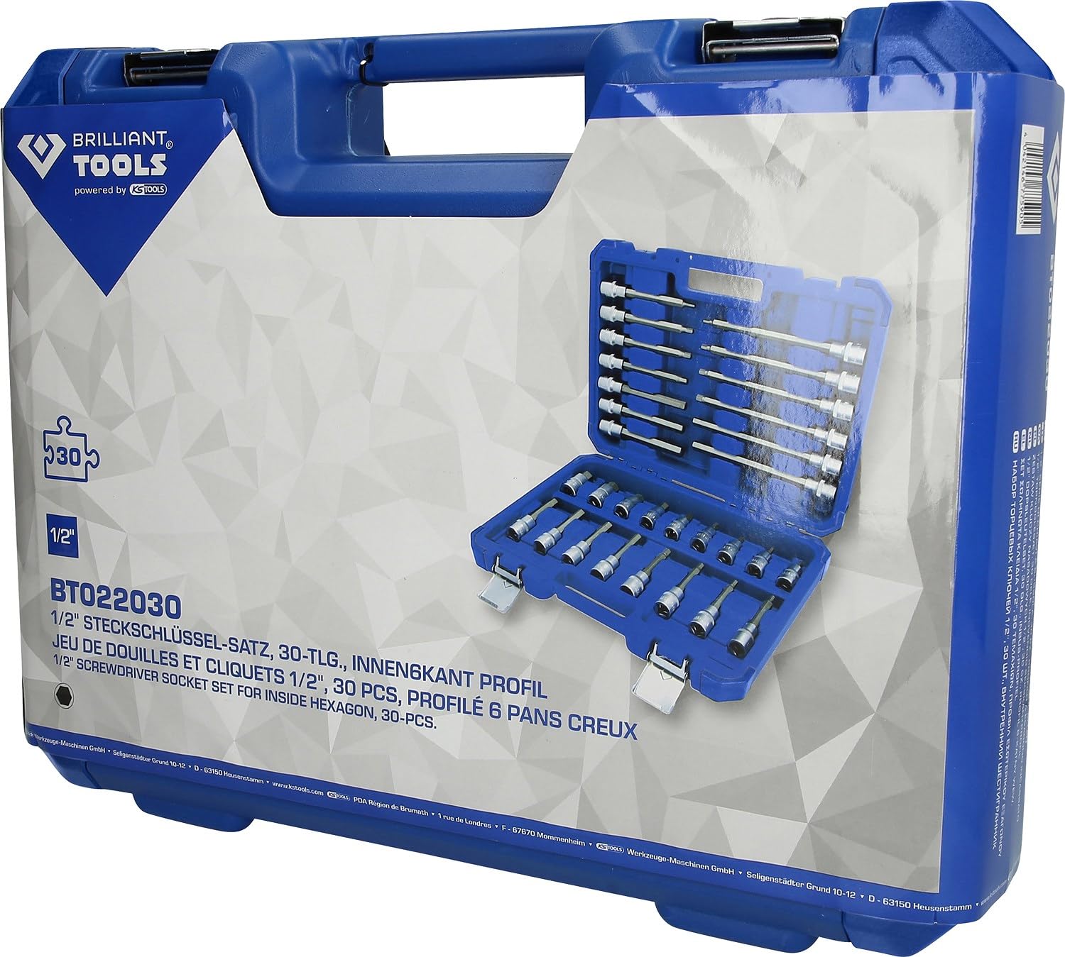 BRILLIANT TOOLS BT022030 Juego de llaves de vaso de 1/2", 30 pzs, perfil de hexágono interior [Powered by KS TOOLS]