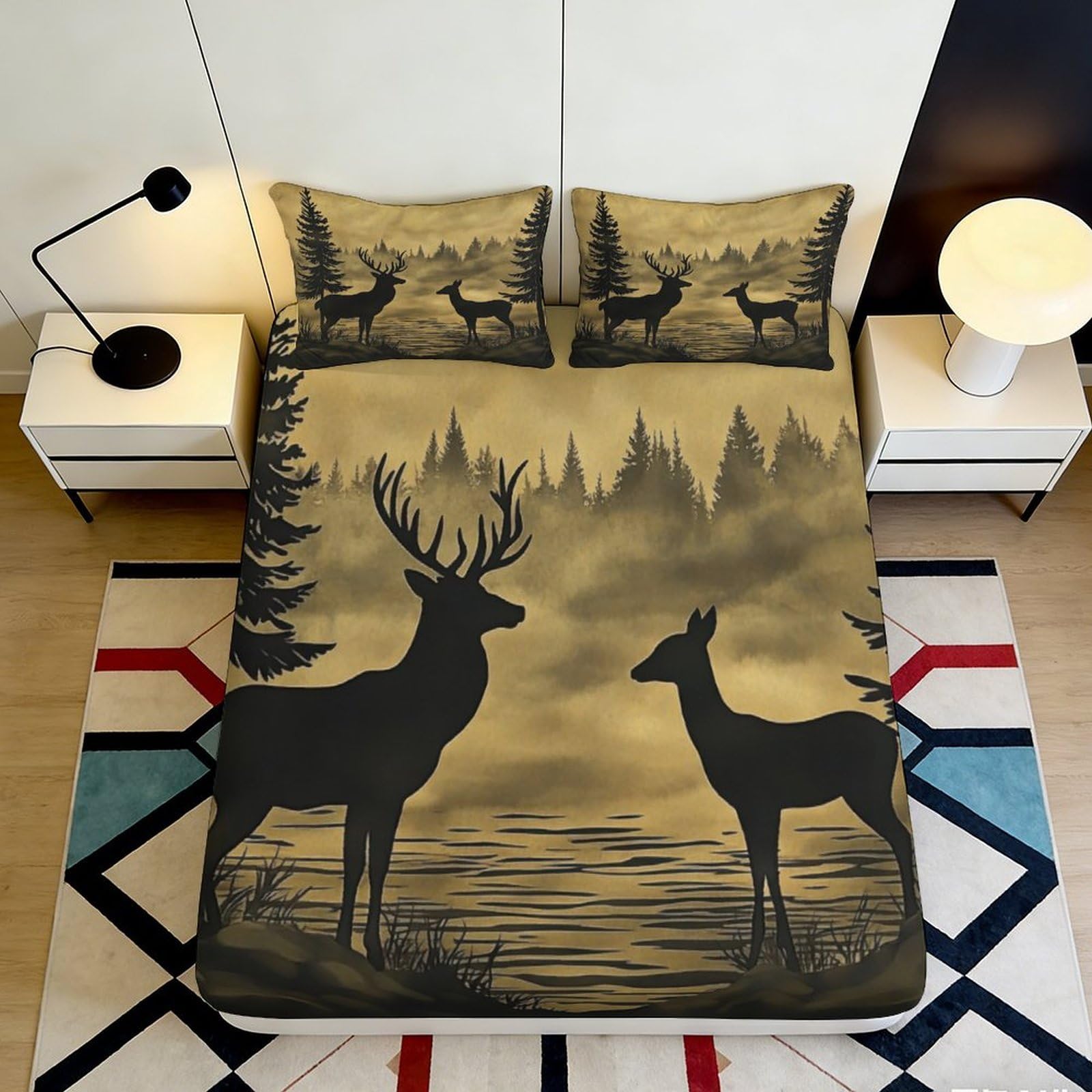 3D Printed Forest Deer Fitted Sheet Microfiber Soft Non-Slip Stag Bed Cover for Bedroom Guest Room Decor 90x200x25cm
