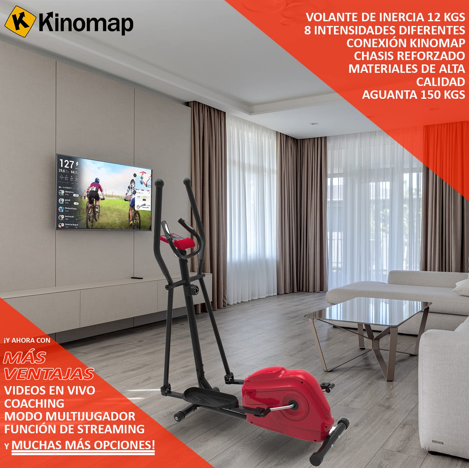 Bicicleta elíptica - 8 intensidades Diferentes - Conexión App Kinomap - Chasis Reforzado Soporta hasta 150kgs - Deporte en casa