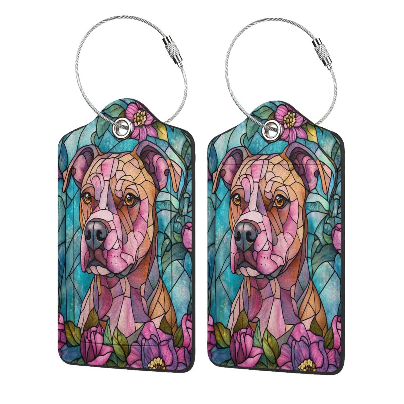 Stained Glass Pitbull Dog Luggage Tag for Suitcase 2 Pack Leather Luggage Tag with Privacy Flap Name Id Label and Metal Loop for Women Men Travel