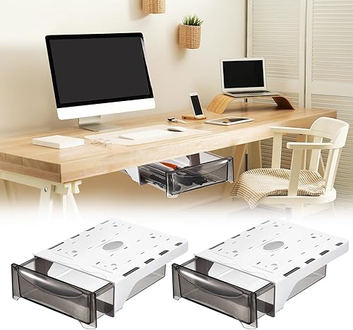 Miniatura 9 de uxcell Cajón para debajo del escritorio, 2 unidades, organizador de almacenamiento autoadhesivo de plástico para debajo del escritorio,