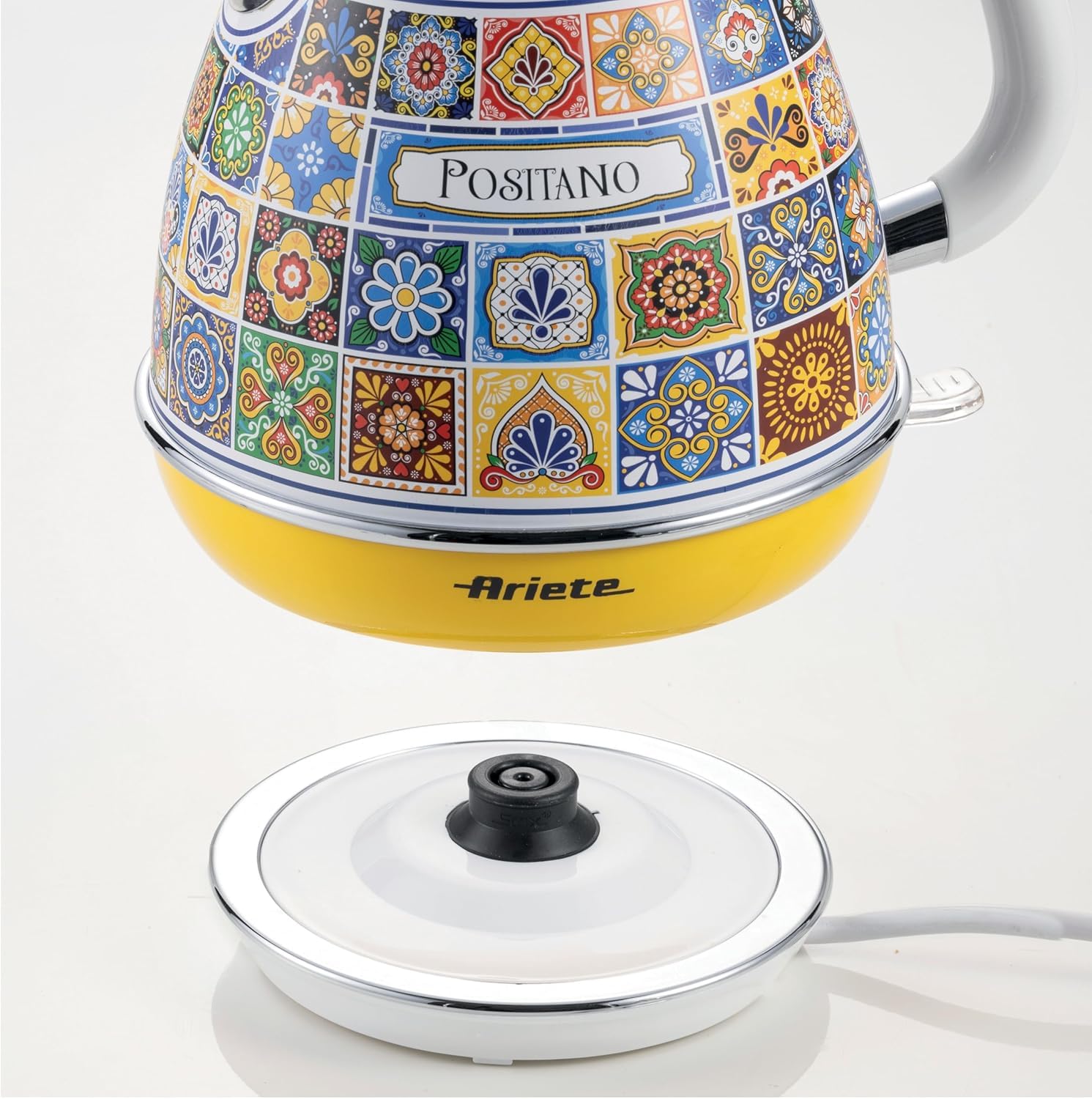 Ariete 2869 Elektrischer Wasserkocher Positano, 1,7 L Fassungsvermögen, mit Abnehmbarem Filter und 360° Kabelloser Basis, Mediterranes Design, Automatische Abschaltung, Edelstahlgehäuse, 2000 W