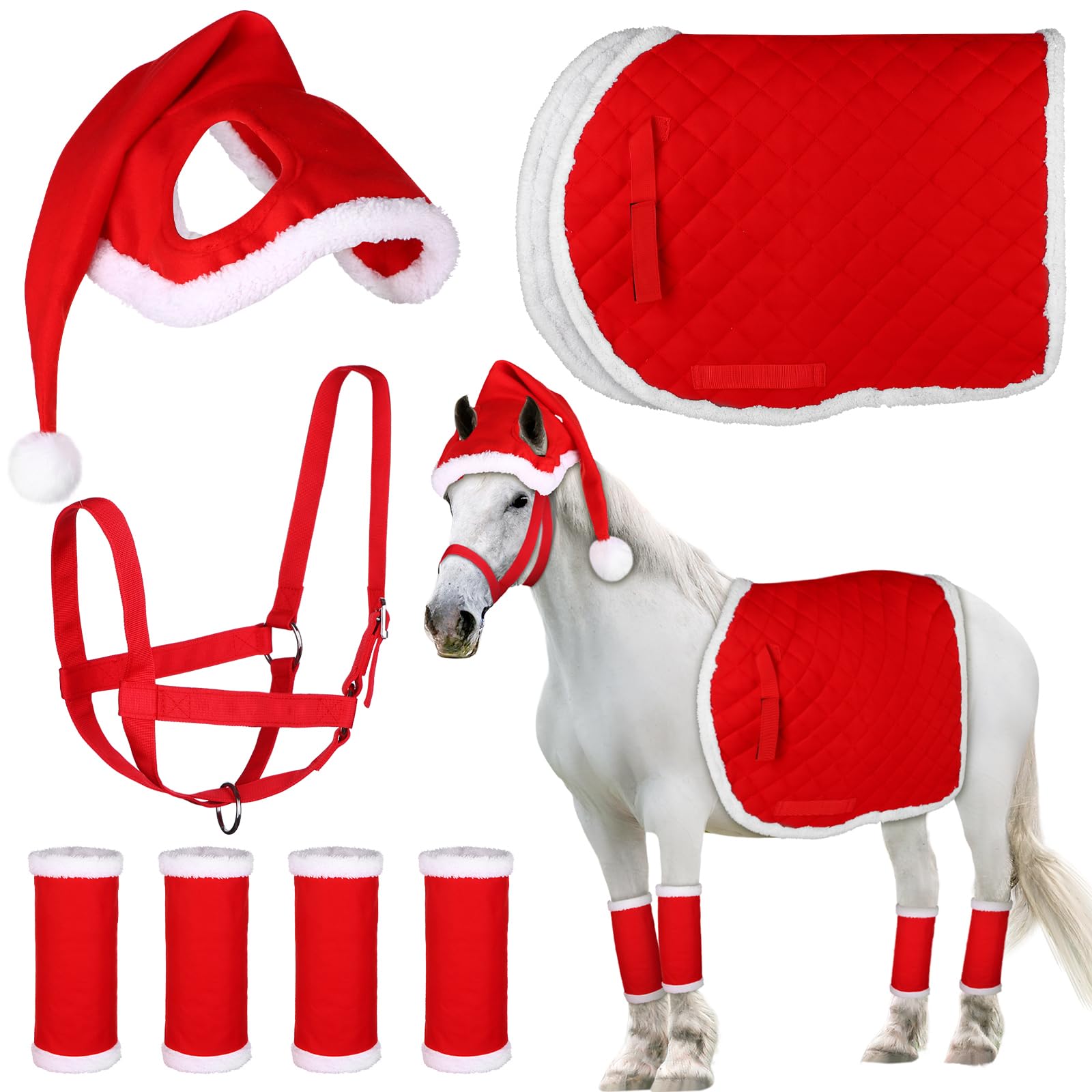 HAOWANWW 7 Pcs Christmas Horse Accessory Set, Santa Leg Wraps, Faux Fur Red Decoration, Holiday Hat, Claus Saddle Pad