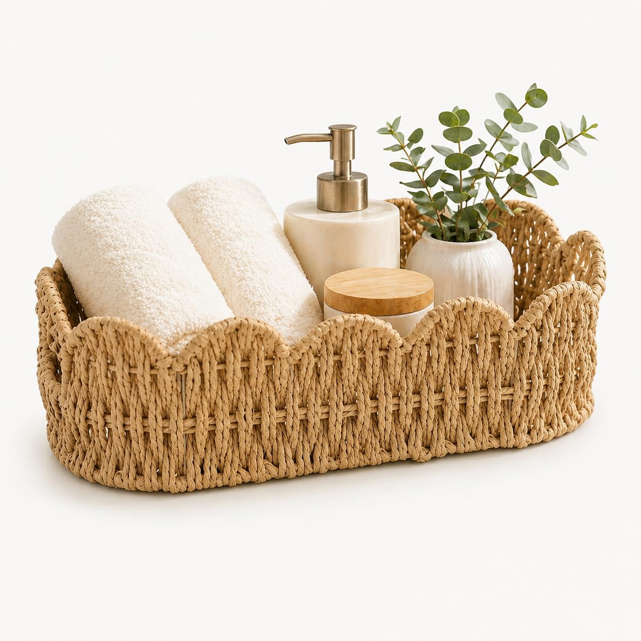 Scalloped Wicker Basket for Toilet Tank, Toilet Paper Holder Basket for Bathroom – Paper Rope Back of Toilet Organizer for Countertop, Vanity, Shelf, Farmhouse Bathroom Décor