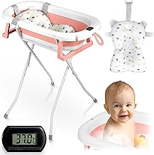 Ricokids Baby Bath with Frame, Thermometer and Bath Pillow, Foldable, Lightweight, Non-Slip, White / Pink