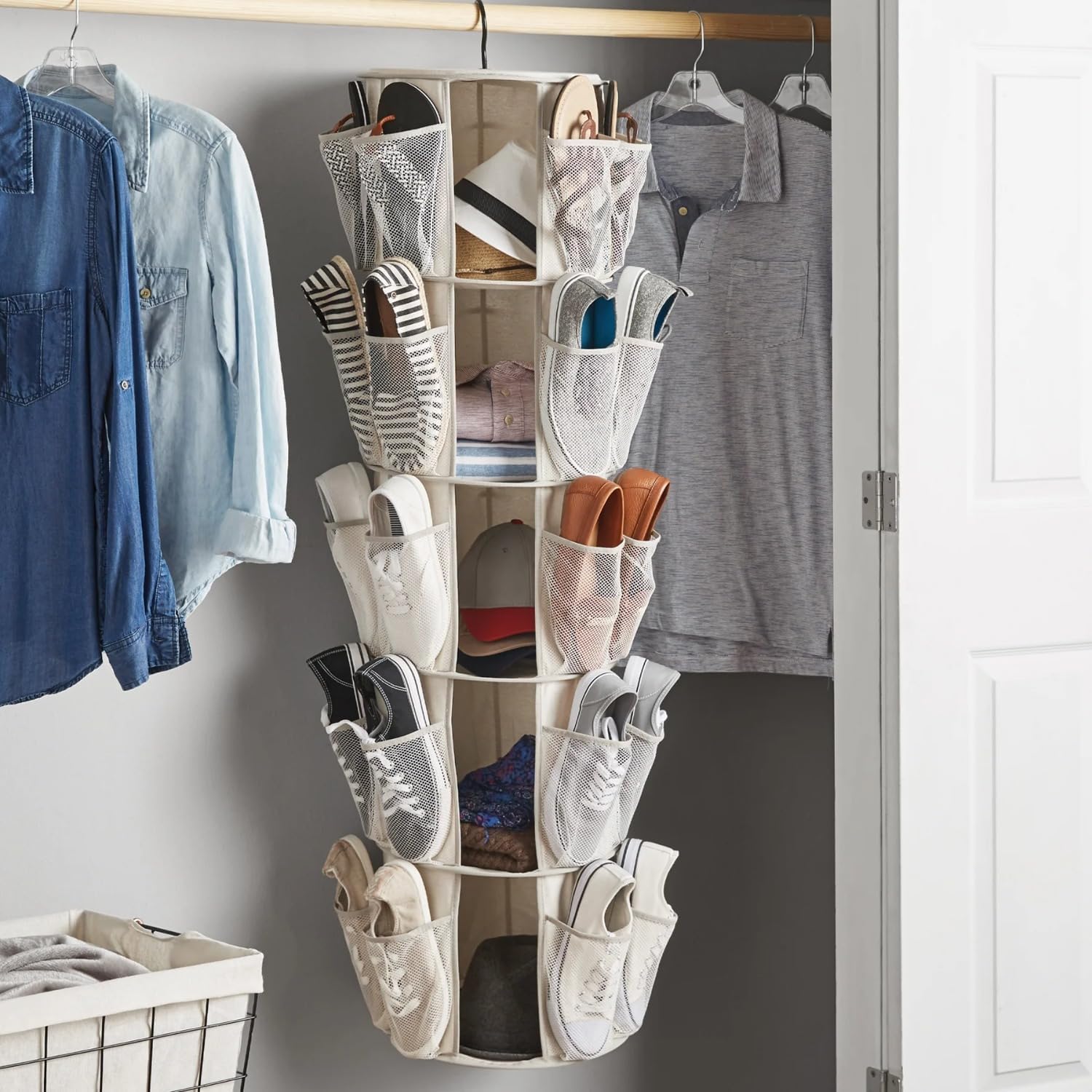 5-Tier 40-Pocket Canvas Carousel Hanging Closet Organizer, Shoe Rack with Mesh Pockets
