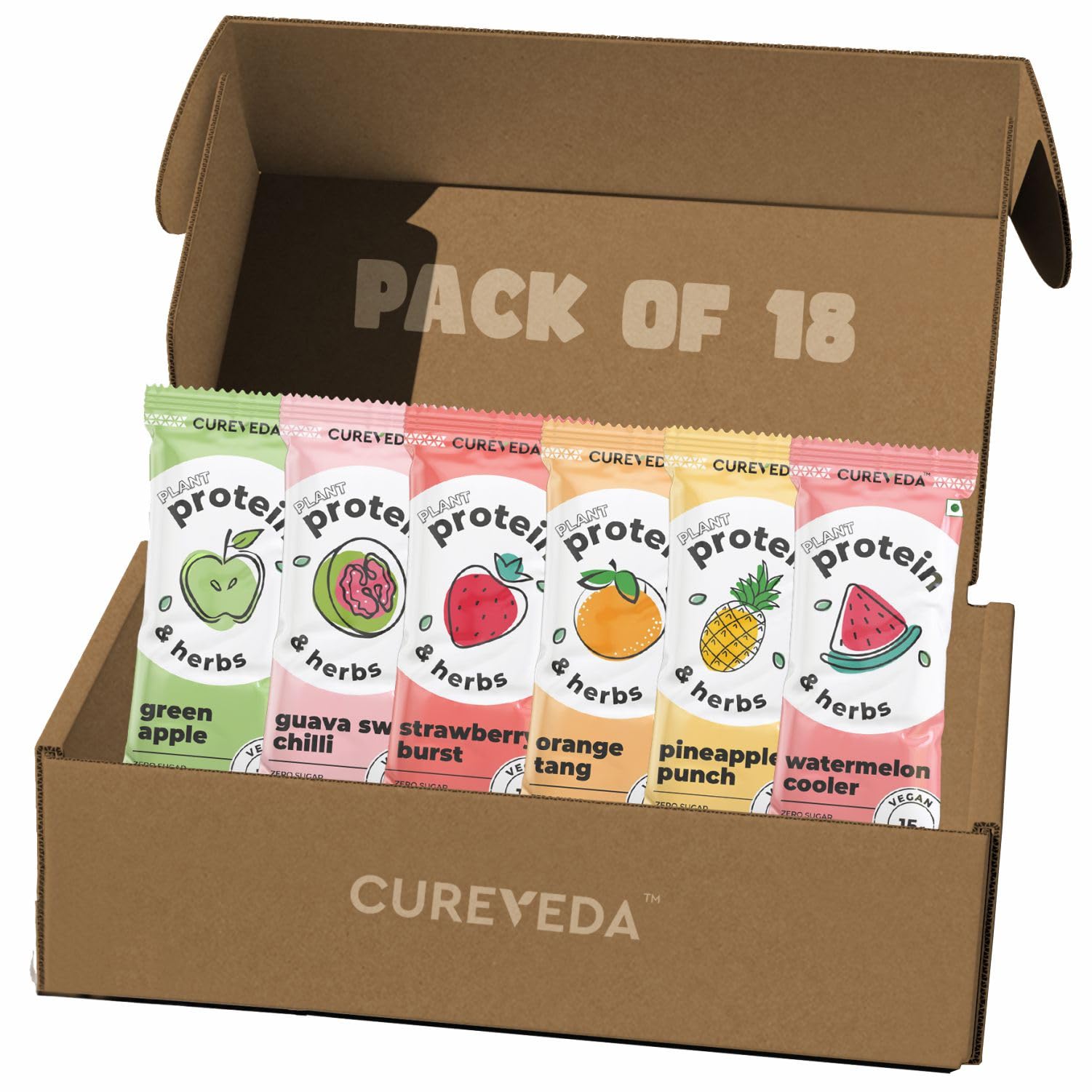 Cureveda Pea Protein Isolate Powder with Herbs, Dairy Free, No Added Sugar, Orange, Pineapple, Watermelon, Guava, Green Apple, Strawberry, 6 Flavours x 3 Sachets, 23gm each, Pack Of 18