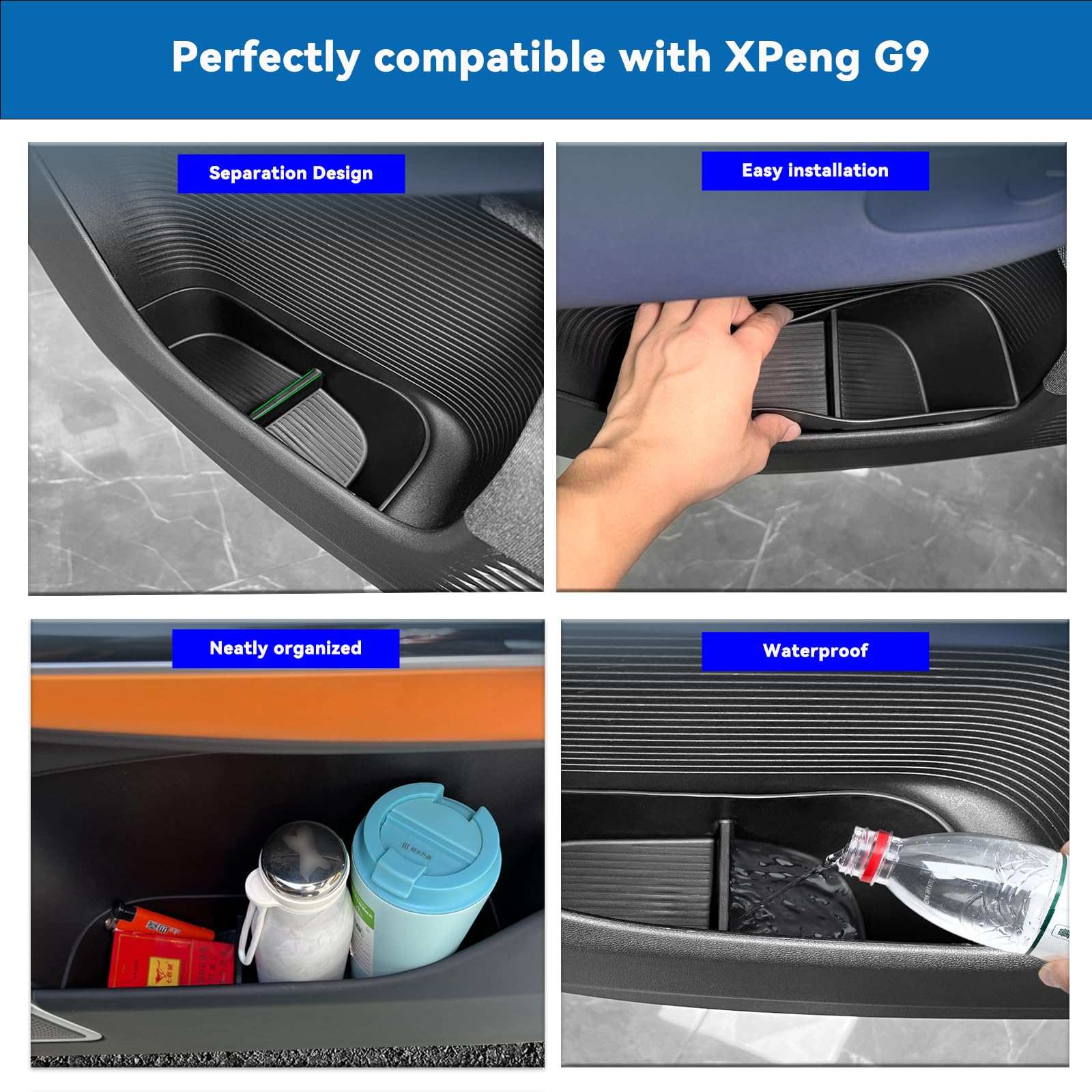 JULIK Lot de 4 Organiseurs de Portière pour XPeng G9 (2024-2026) – Bacs de Rangement en TPE Imperméable – Protection de Vide-Poches Avant et Arrière – Accessoires d'Intérieur Durable – Noir